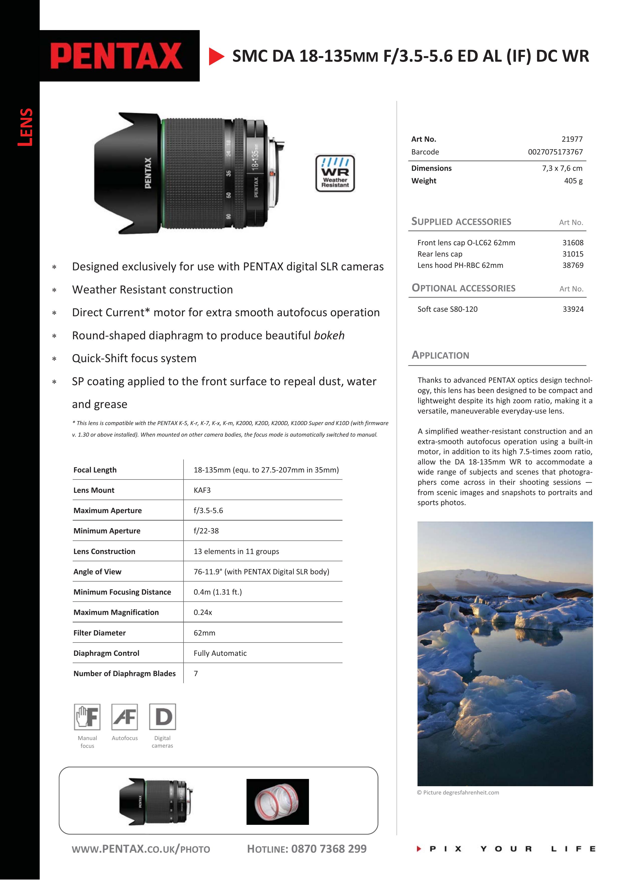 Pentax 21977 Camera Lens User Manual