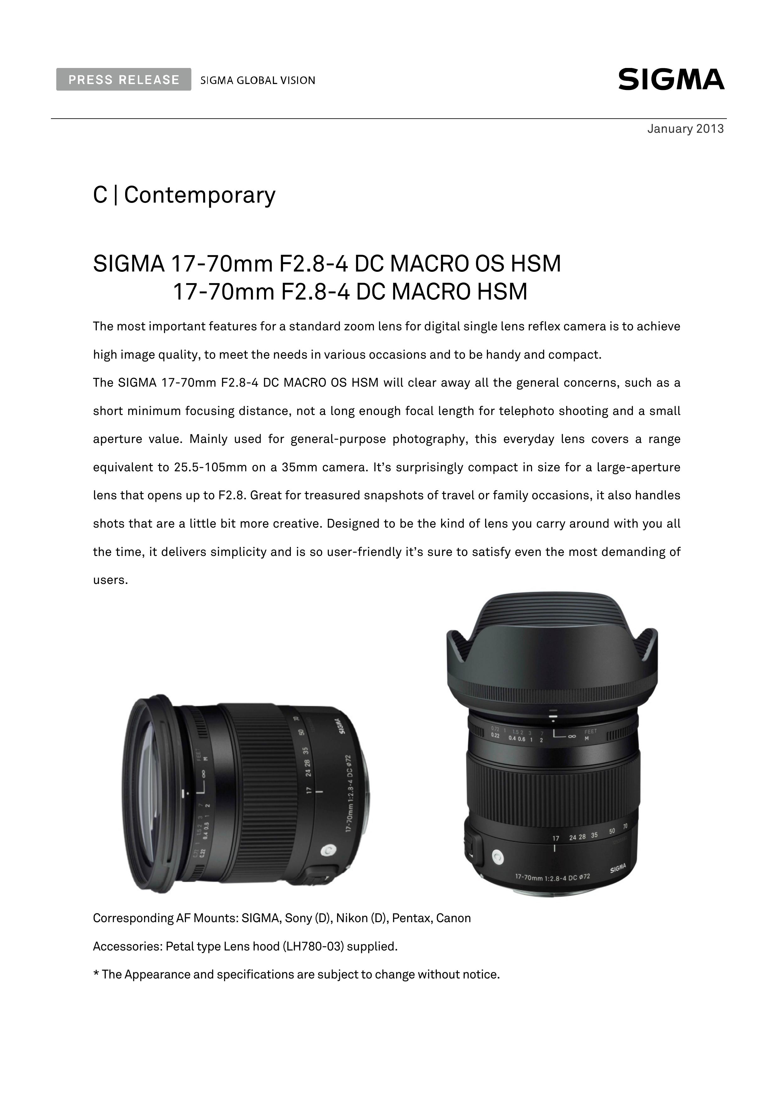 Sigma 884306 Camera Lens User Manual