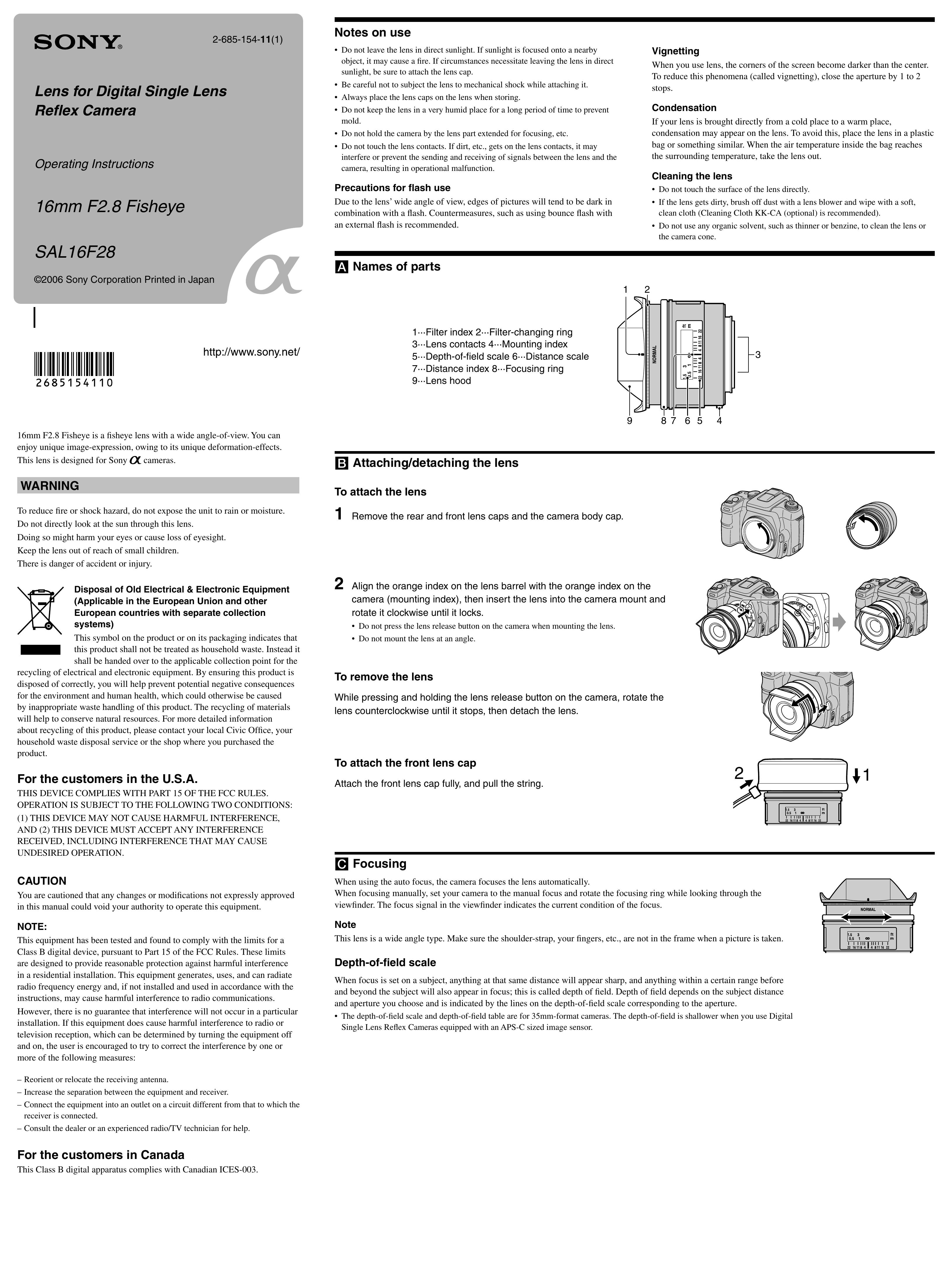Sony 2-685-154-11(1) Camera Lens User Manual