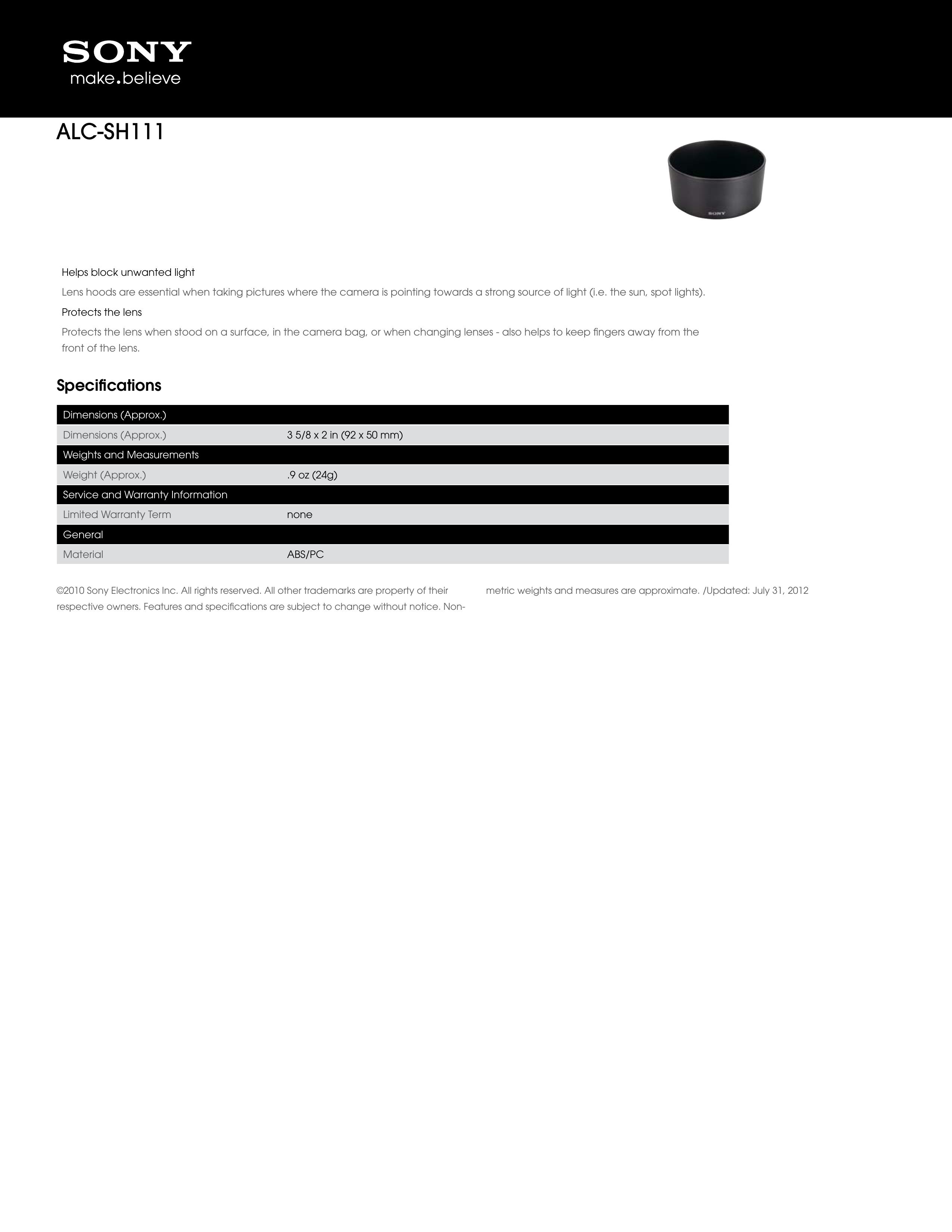 Sony ALCSH111 Camera Lens User Manual
