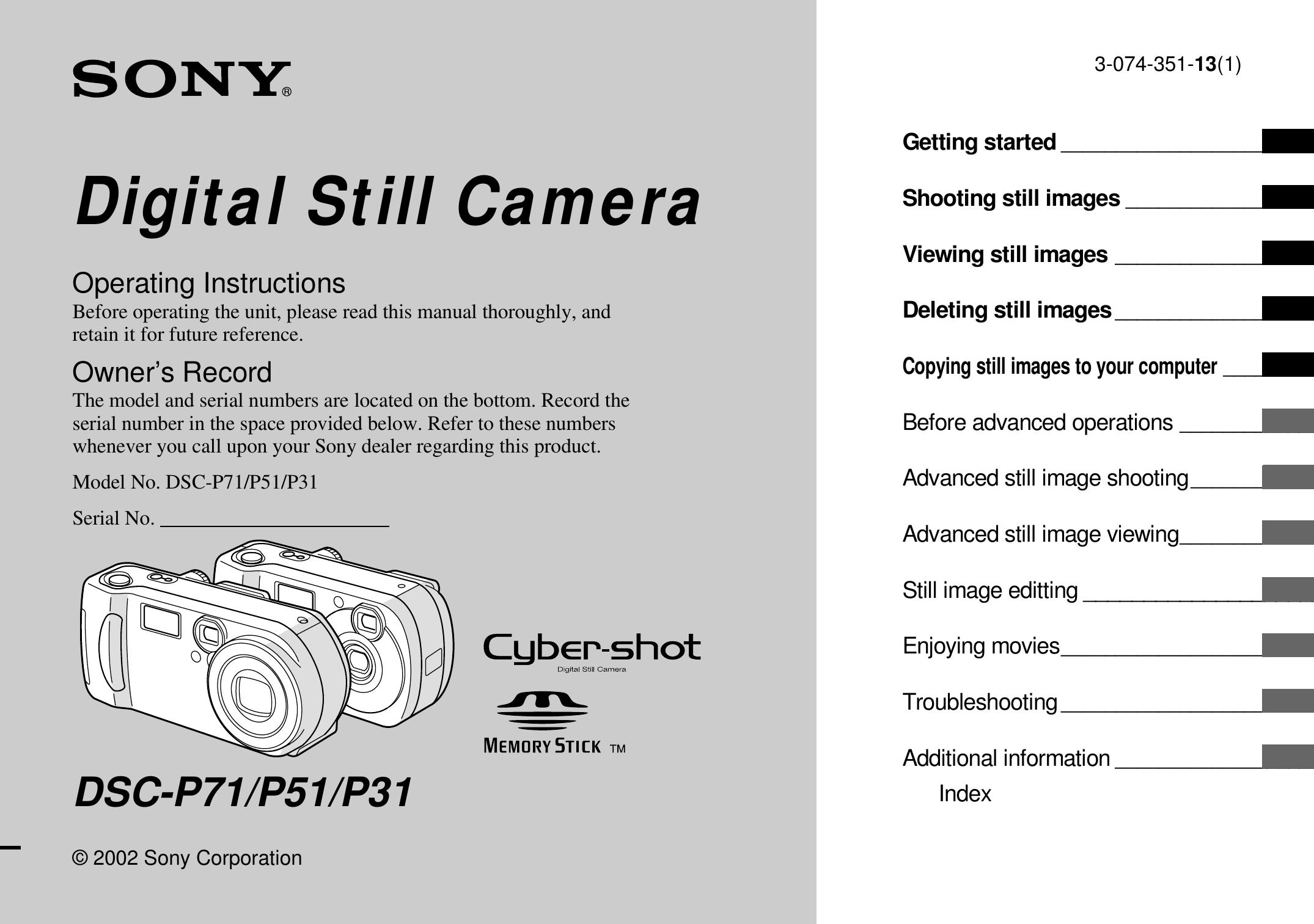 Sony DSC-P71 Camera Lens User Manual