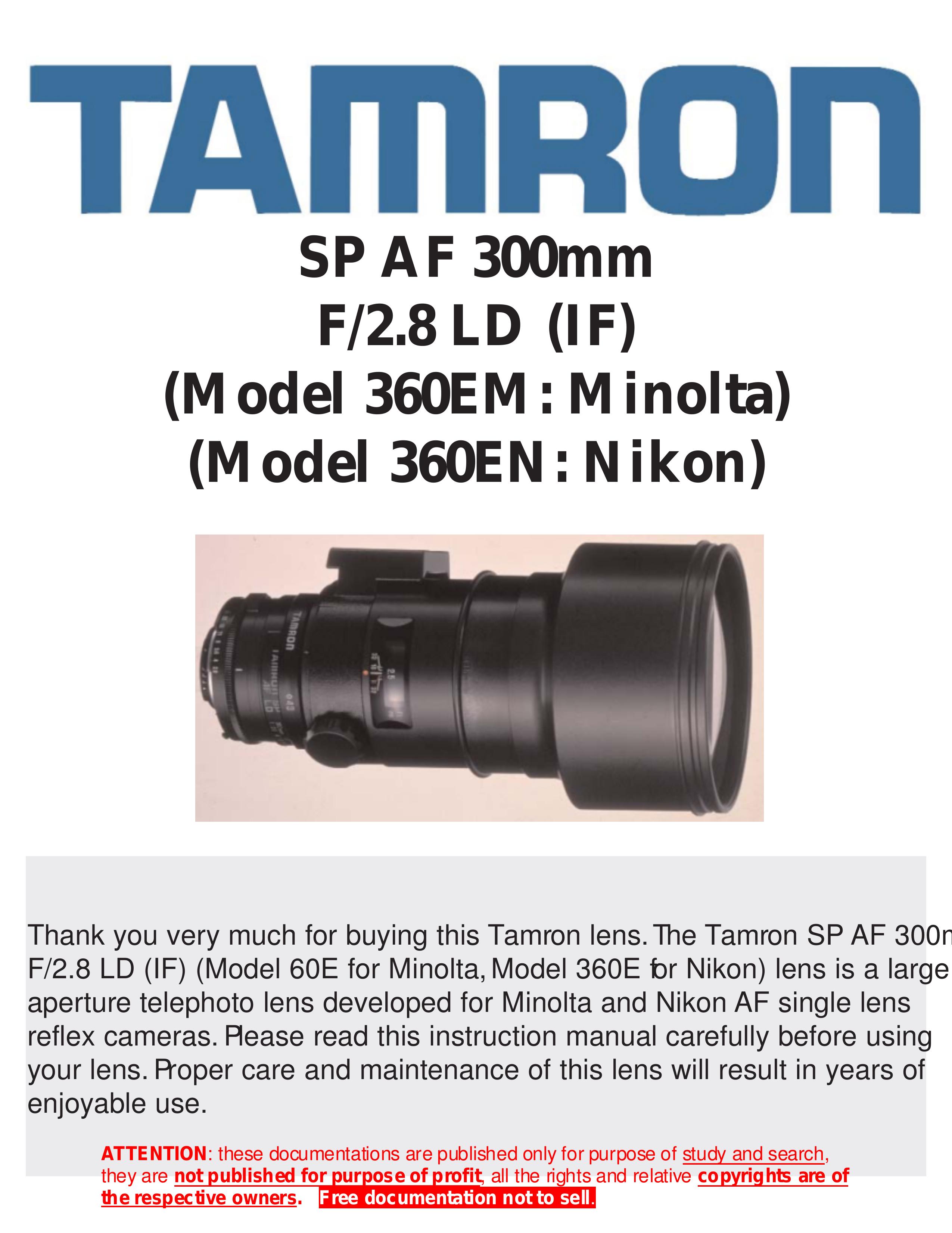 Tamron 360EM Camera Lens User Manual