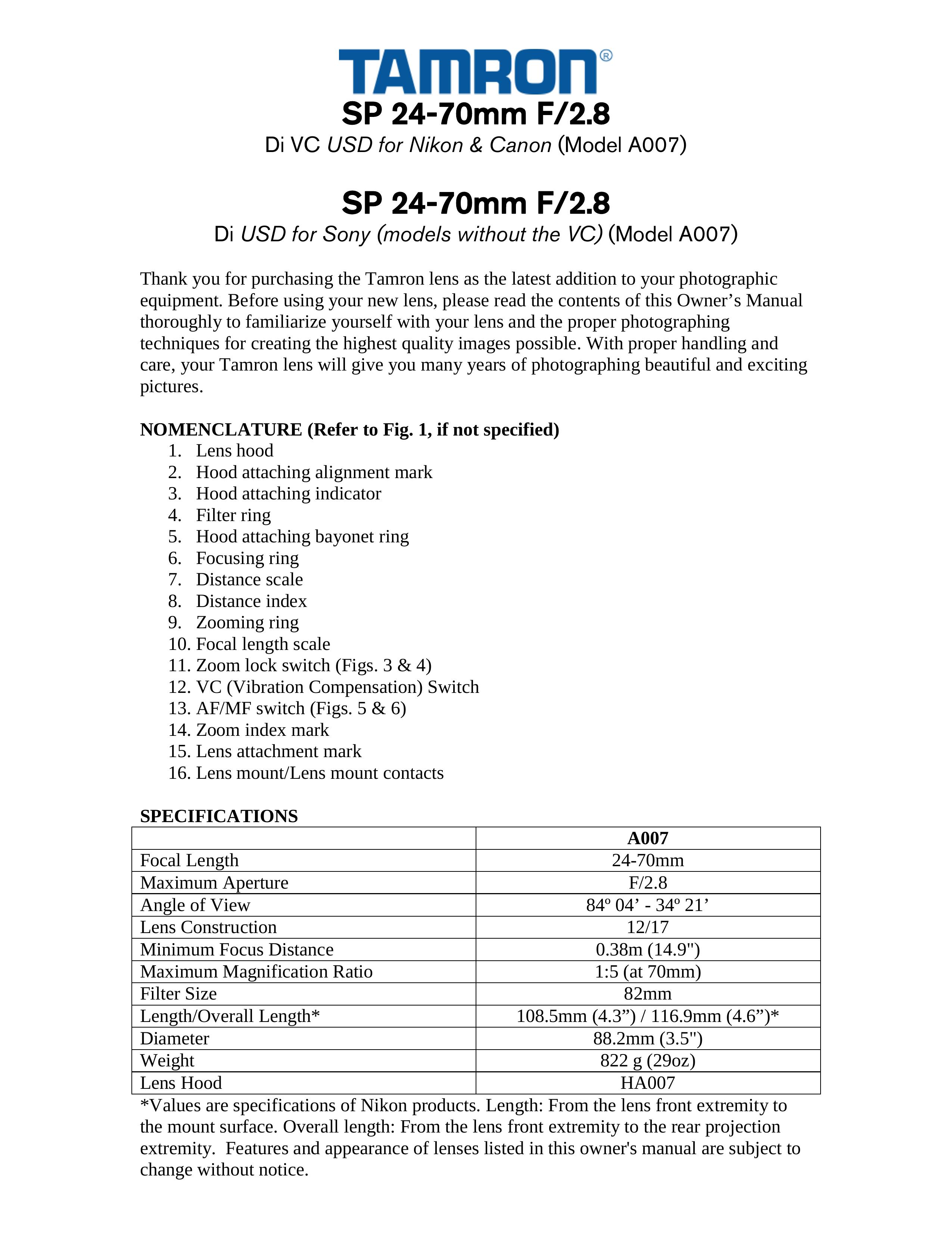 Tamron AF007N-700 Camera Lens User Manual