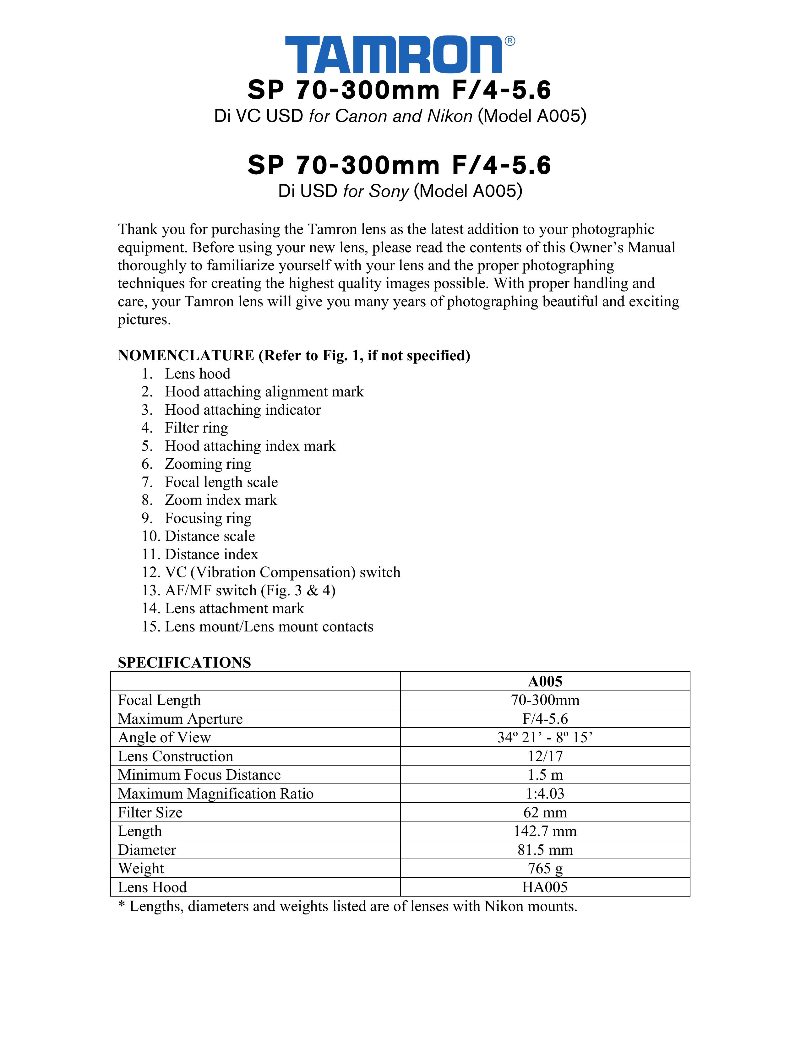 Tamron AFA005C700 Camera Lens User Manual