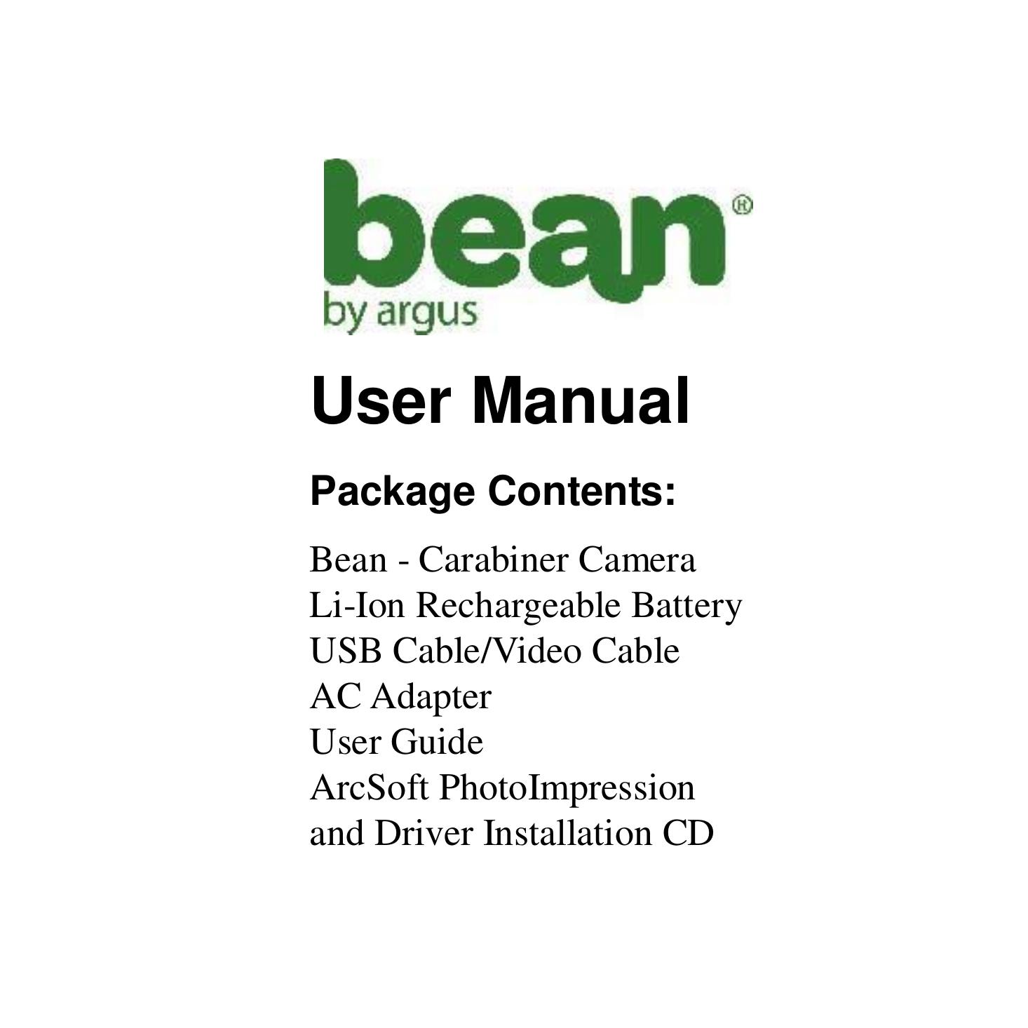Argus Camera Bean - Carabiner Digital Camera User Manual