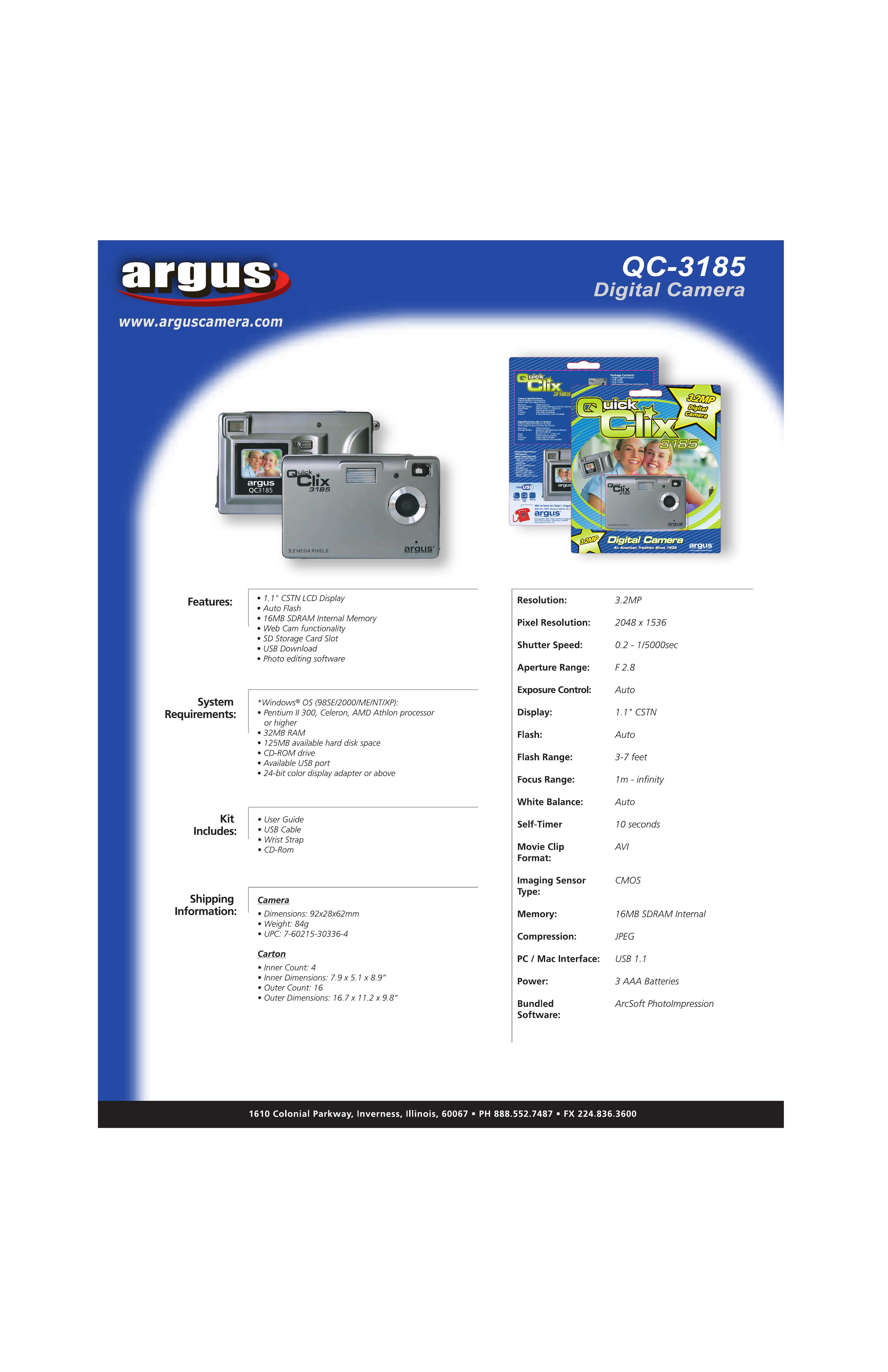 Argus Camera QC-3185 Digital Camera User Manual