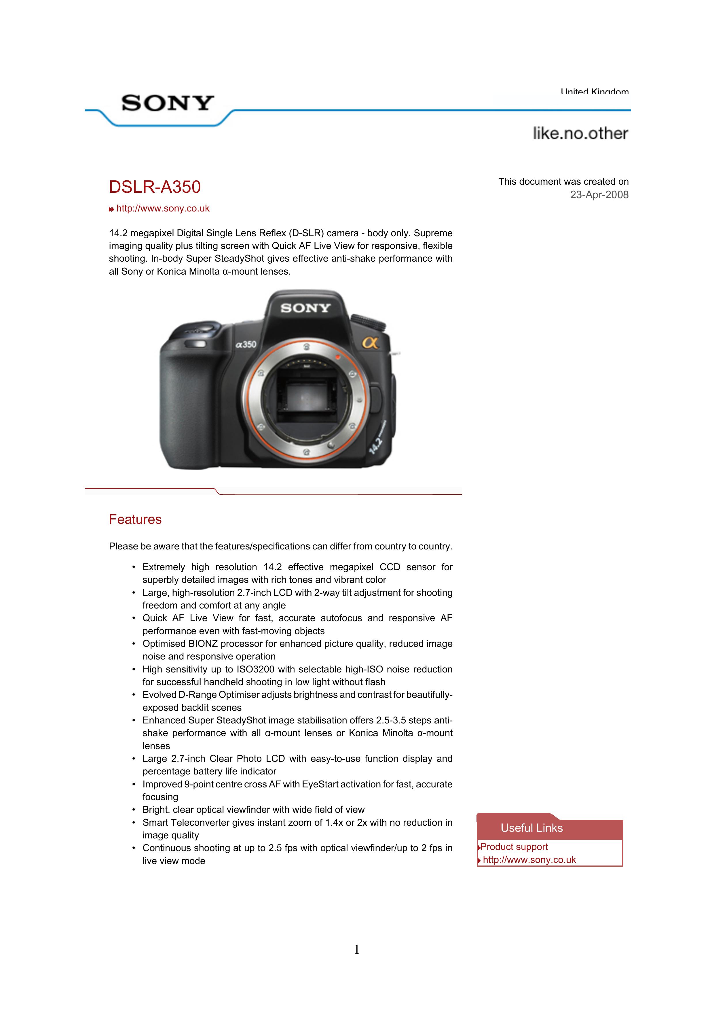 Harman-Kardon DSLR-A350 Digital Camera User Manual