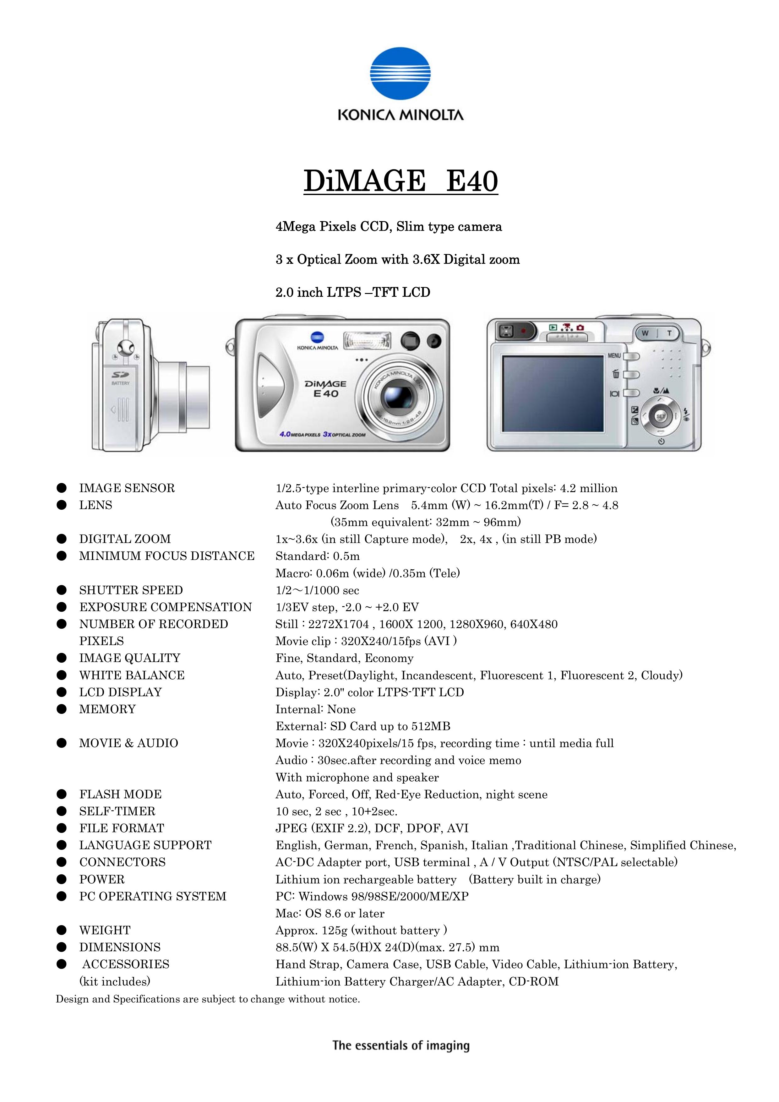 Konica Minolta DiMAGE E40 Digital Camera User Manual