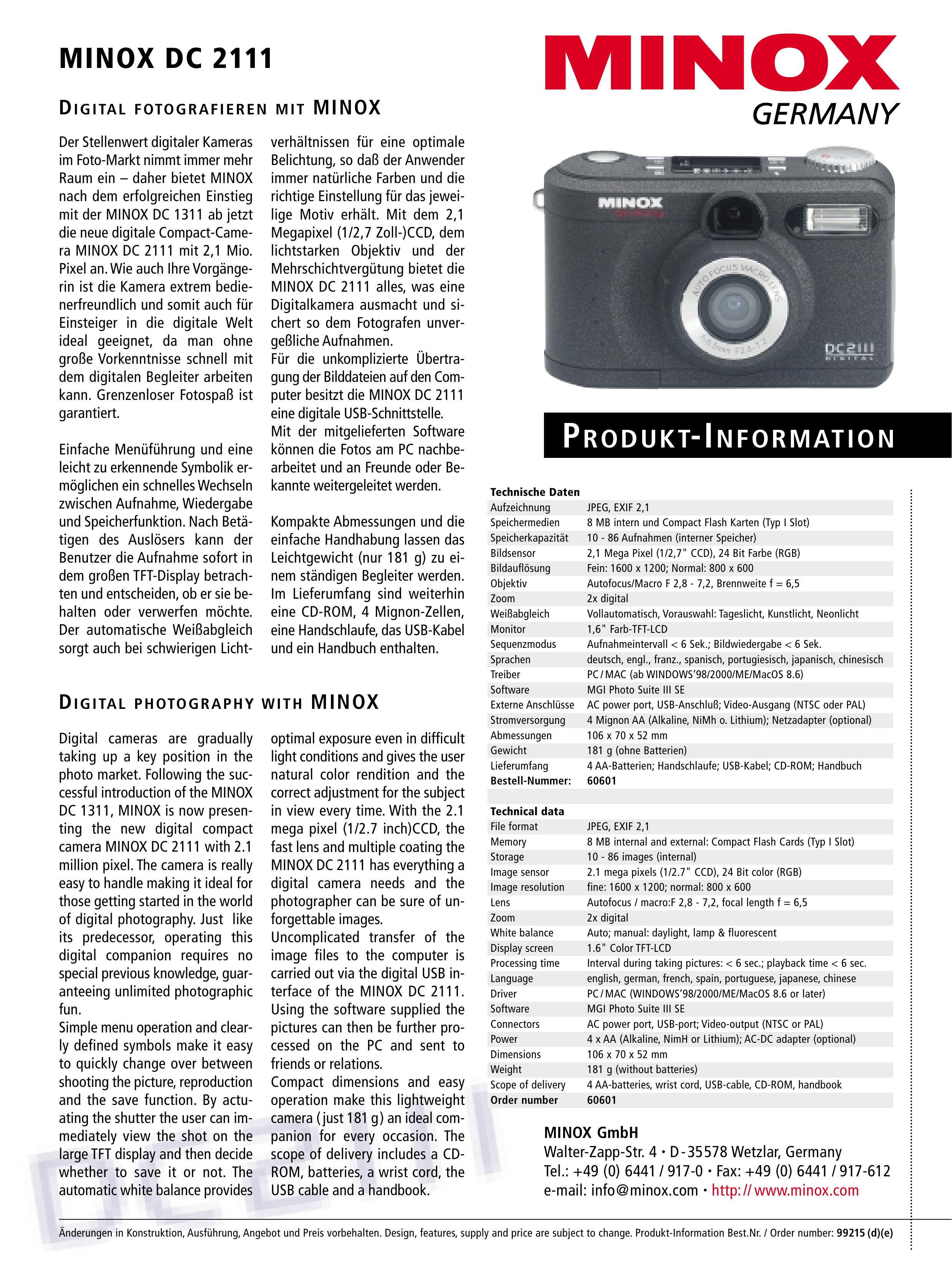 Minox MINOX DC 2111 Digital Camera User Manual