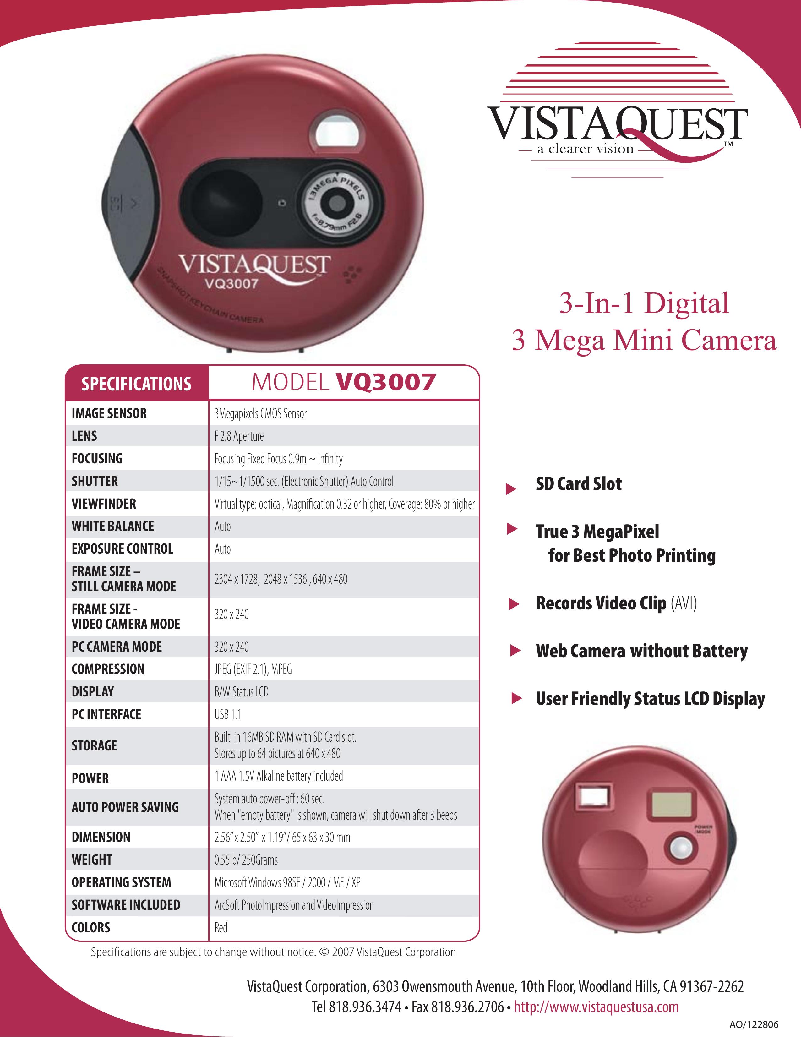 VistaQuest VQ3007 Digital Camera User Manual