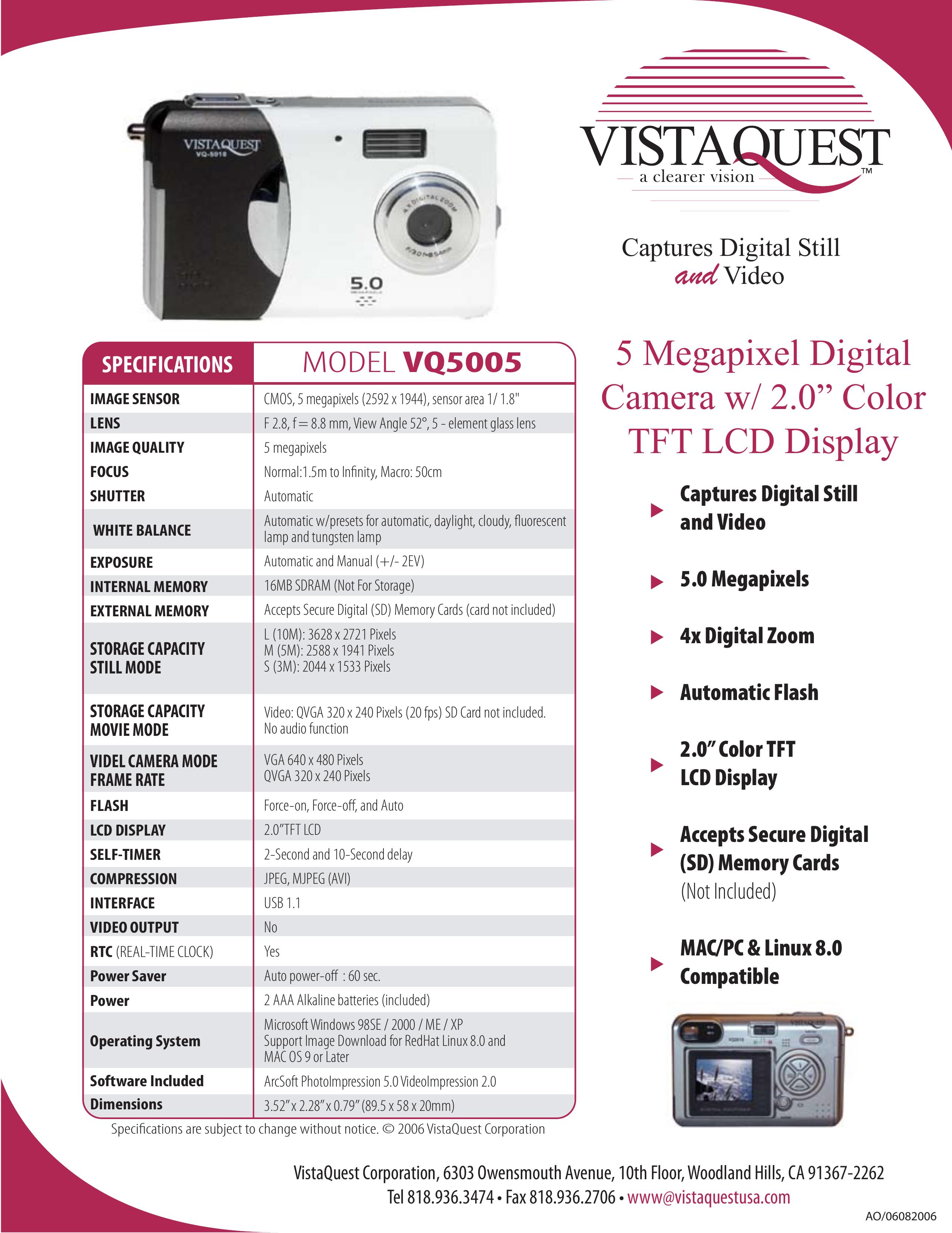 VistaQuest VQ5005 Digital Camera User Manual