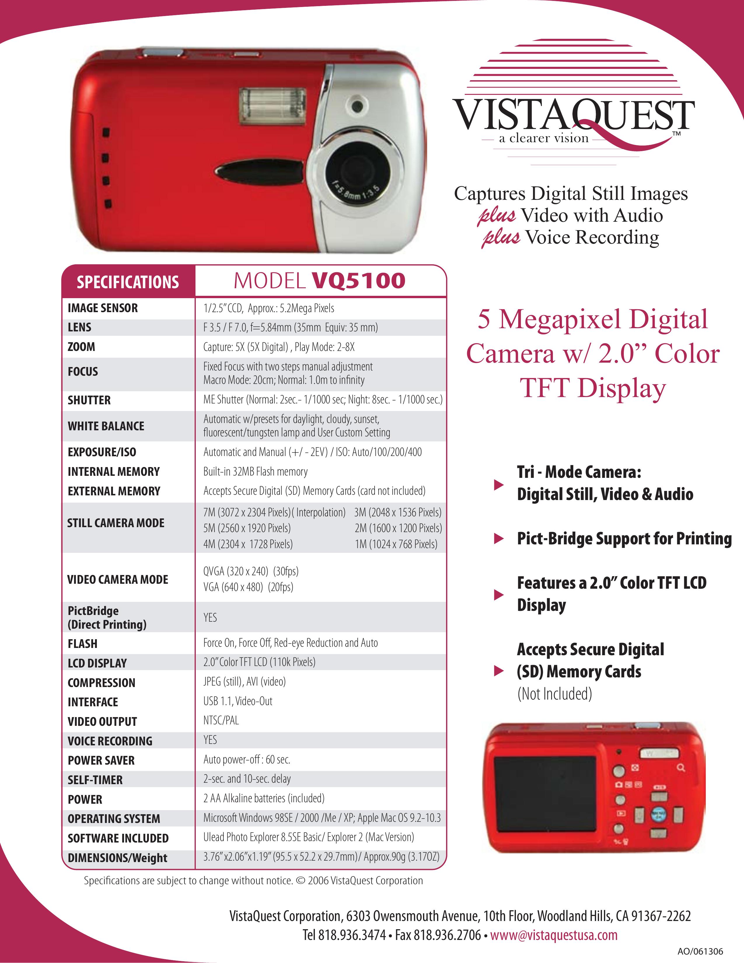 VistaQuest VQ5100 Digital Camera User Manual