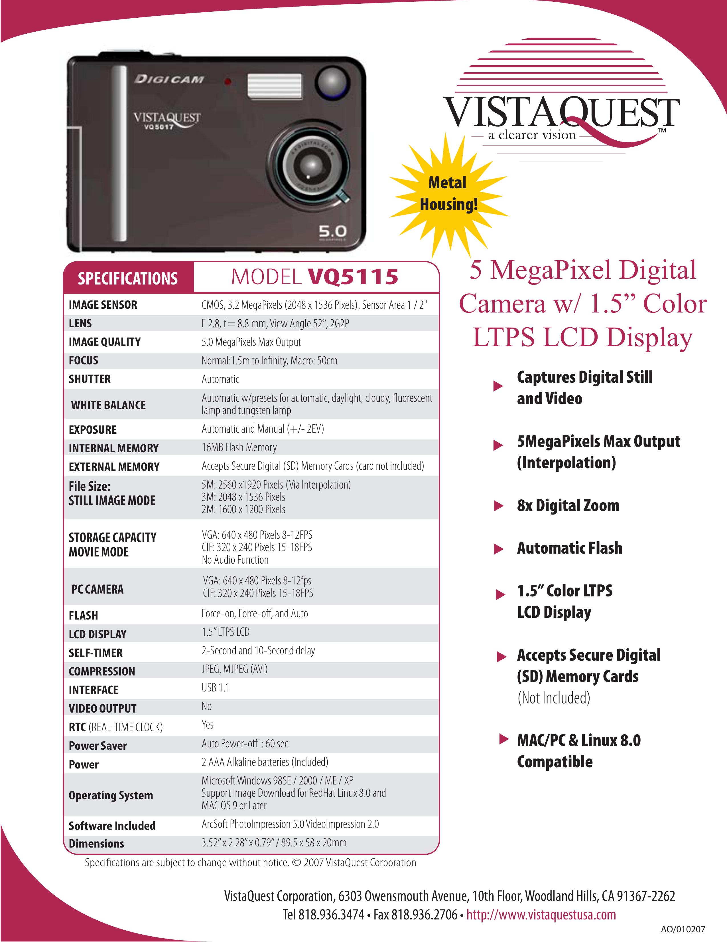 VistaQuest VQ5115 Digital Camera User Manual