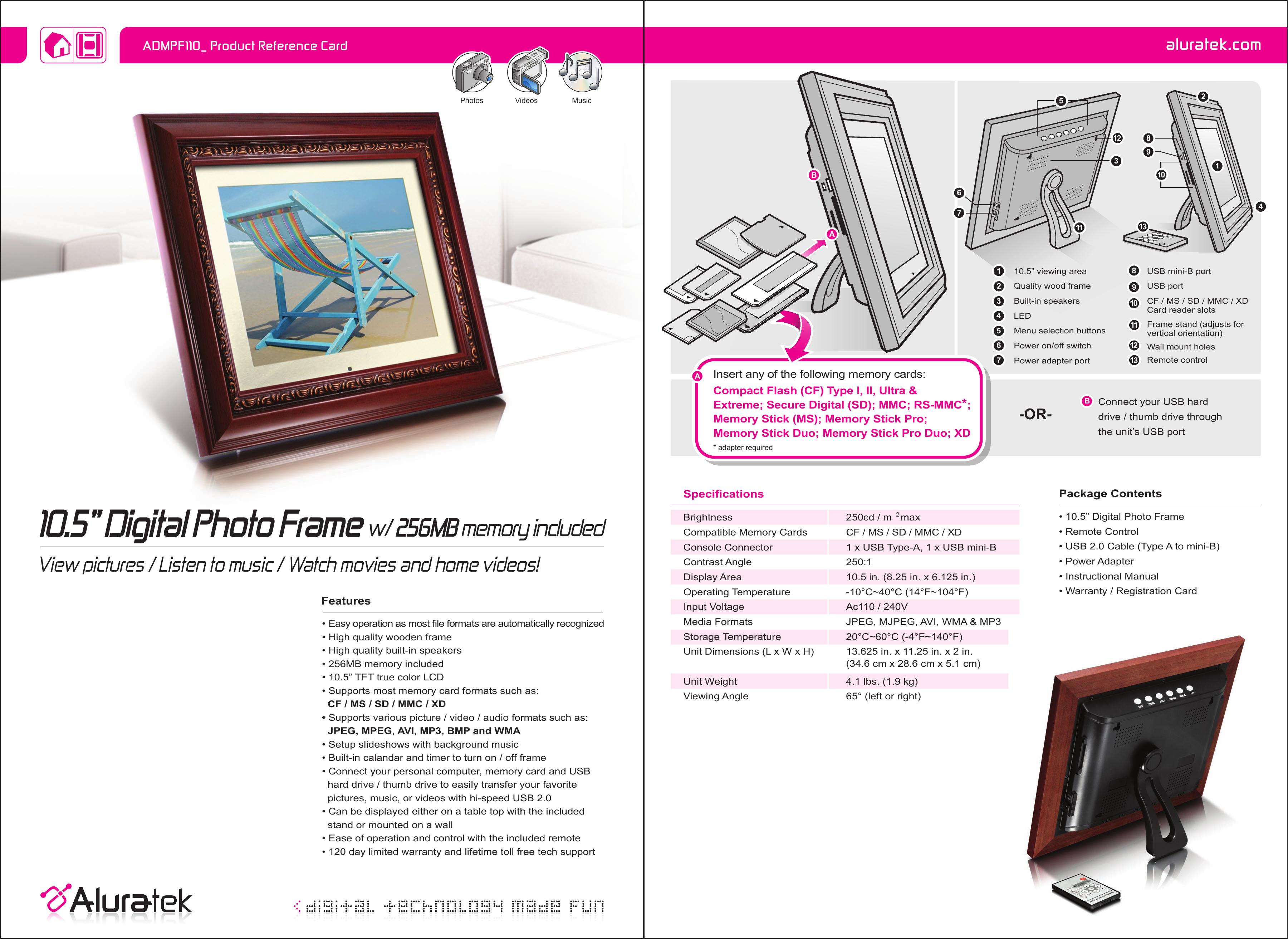 Aluratek ADMPF110 Digital Photo Frame User Manual