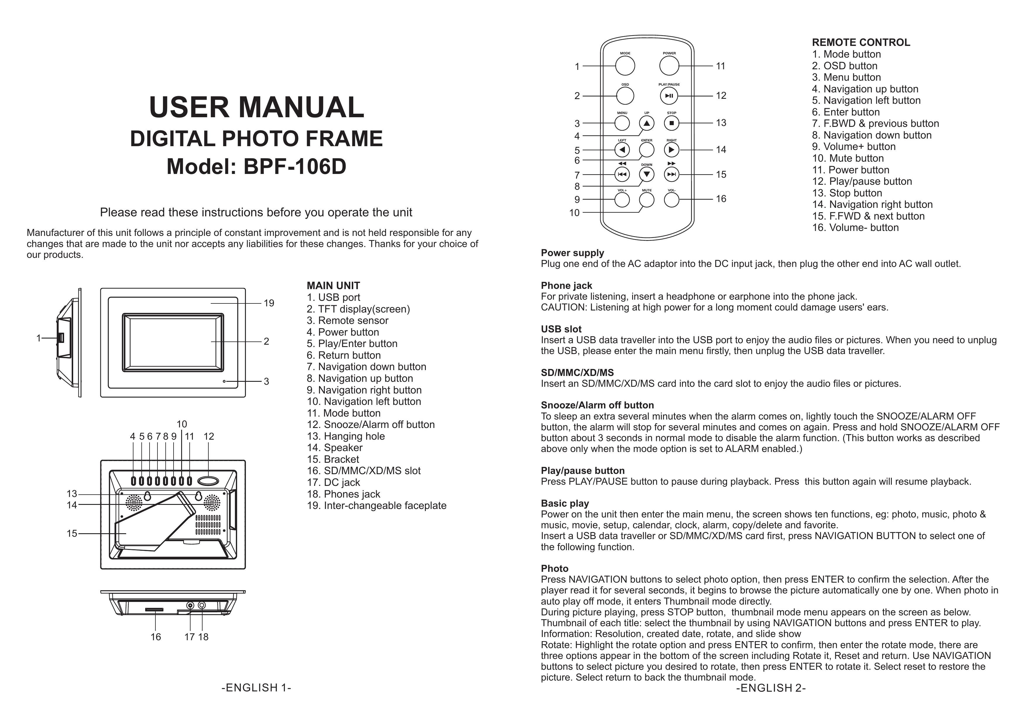 Emprex BPF-106D Digital Photo Frame User Manual