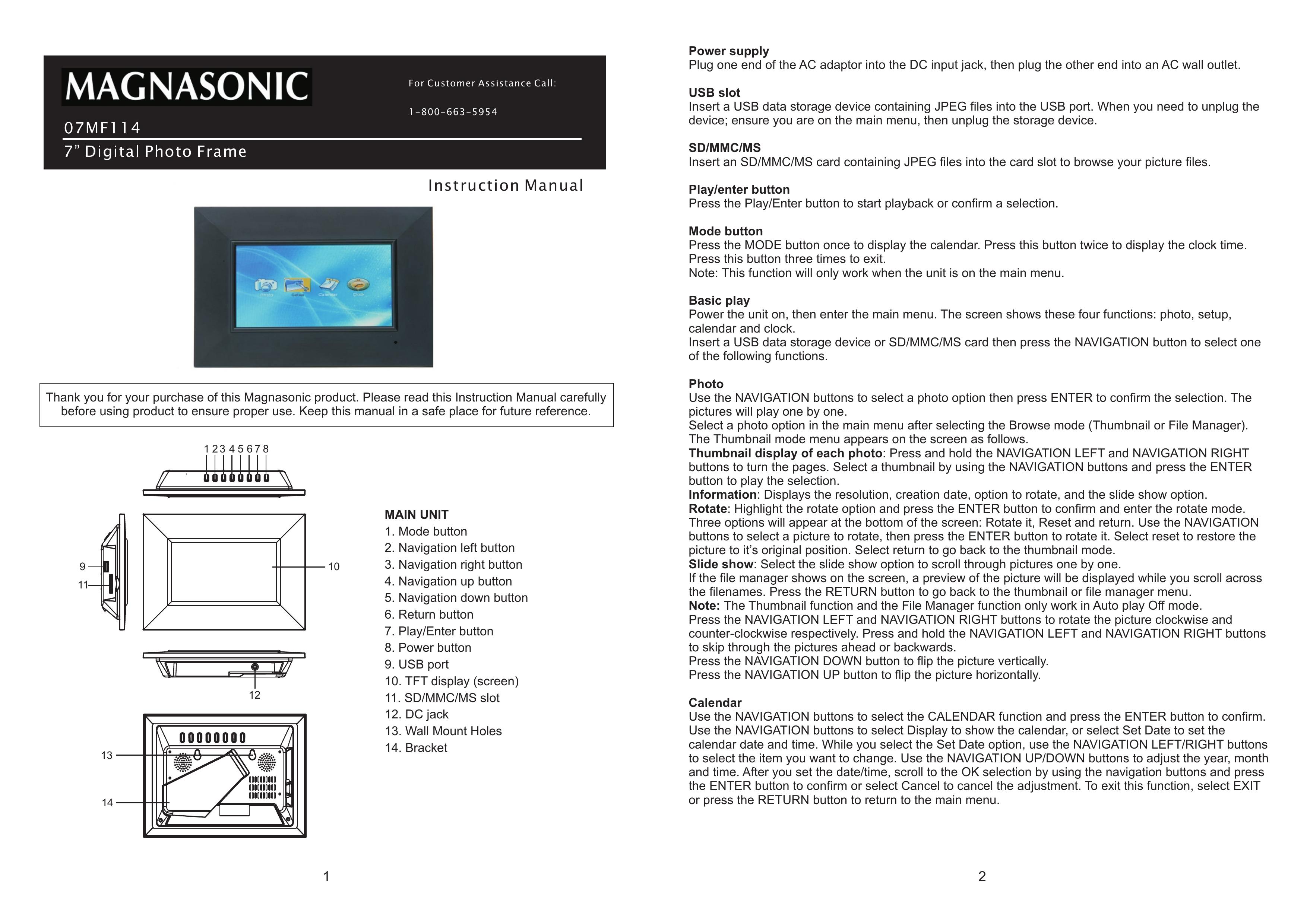 Magnasonic 07MF114 Digital Photo Frame User Manual