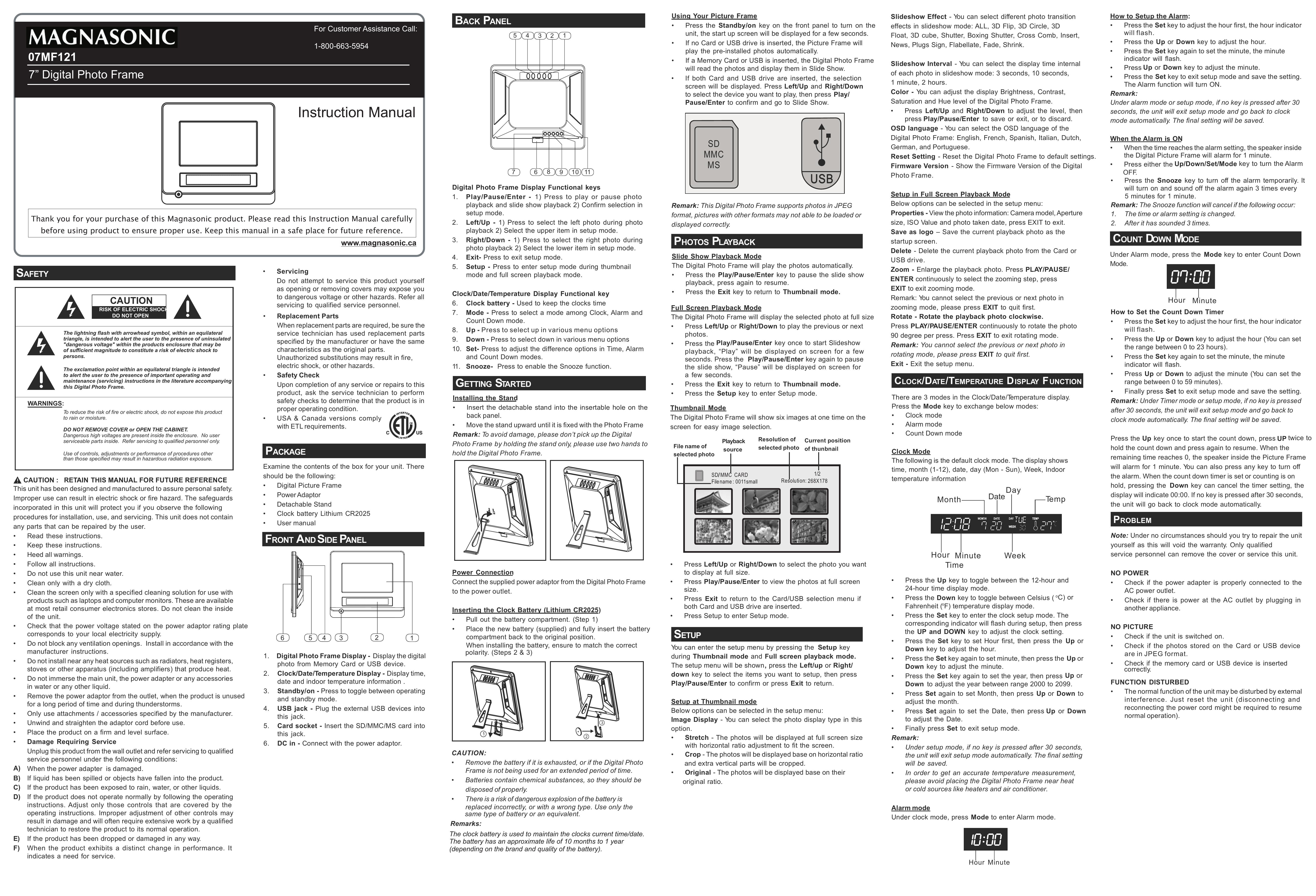 Magnasonic 07MF121 Digital Photo Frame User Manual