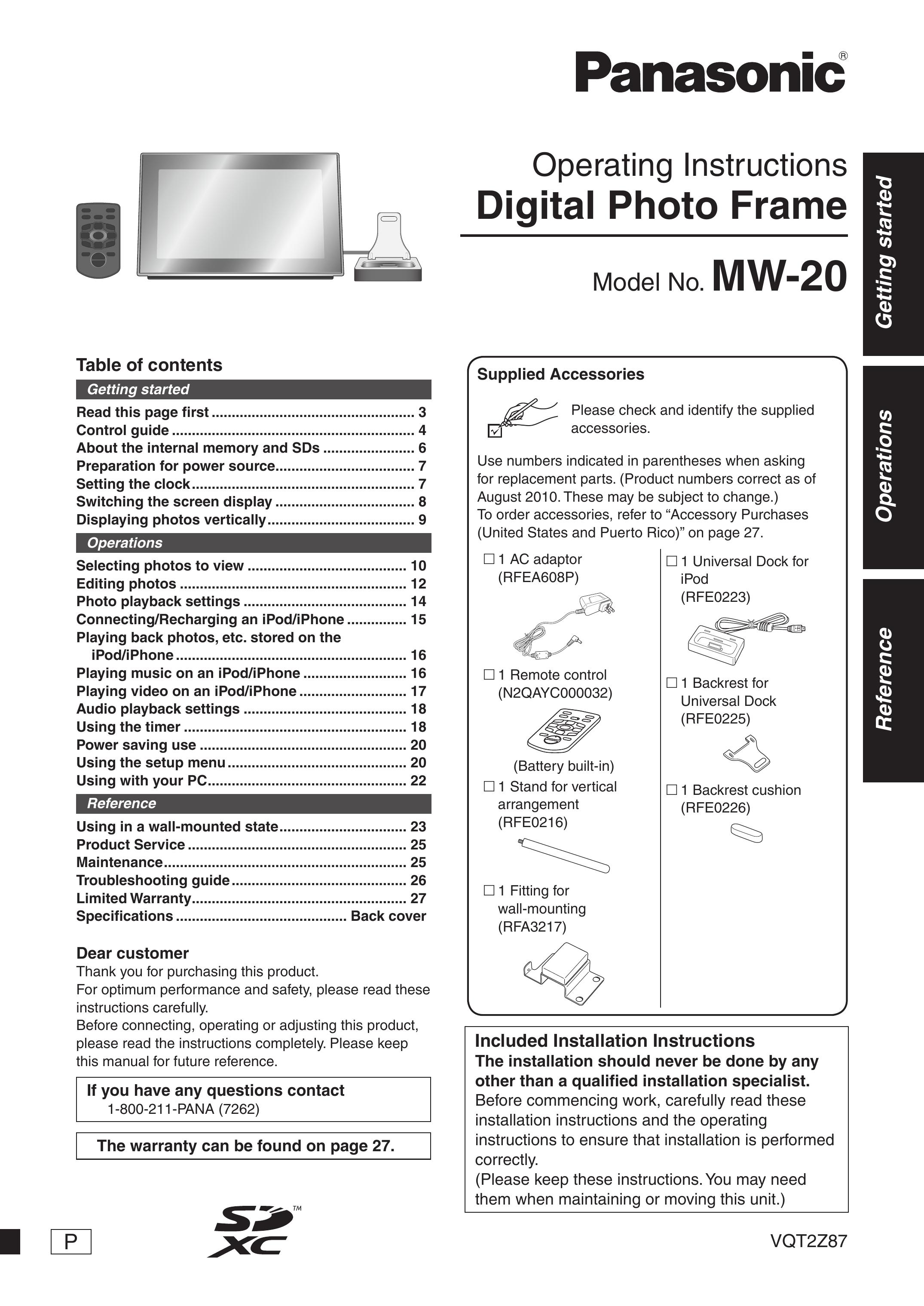 Panasonic MW-20 Digital Photo Frame User Manual