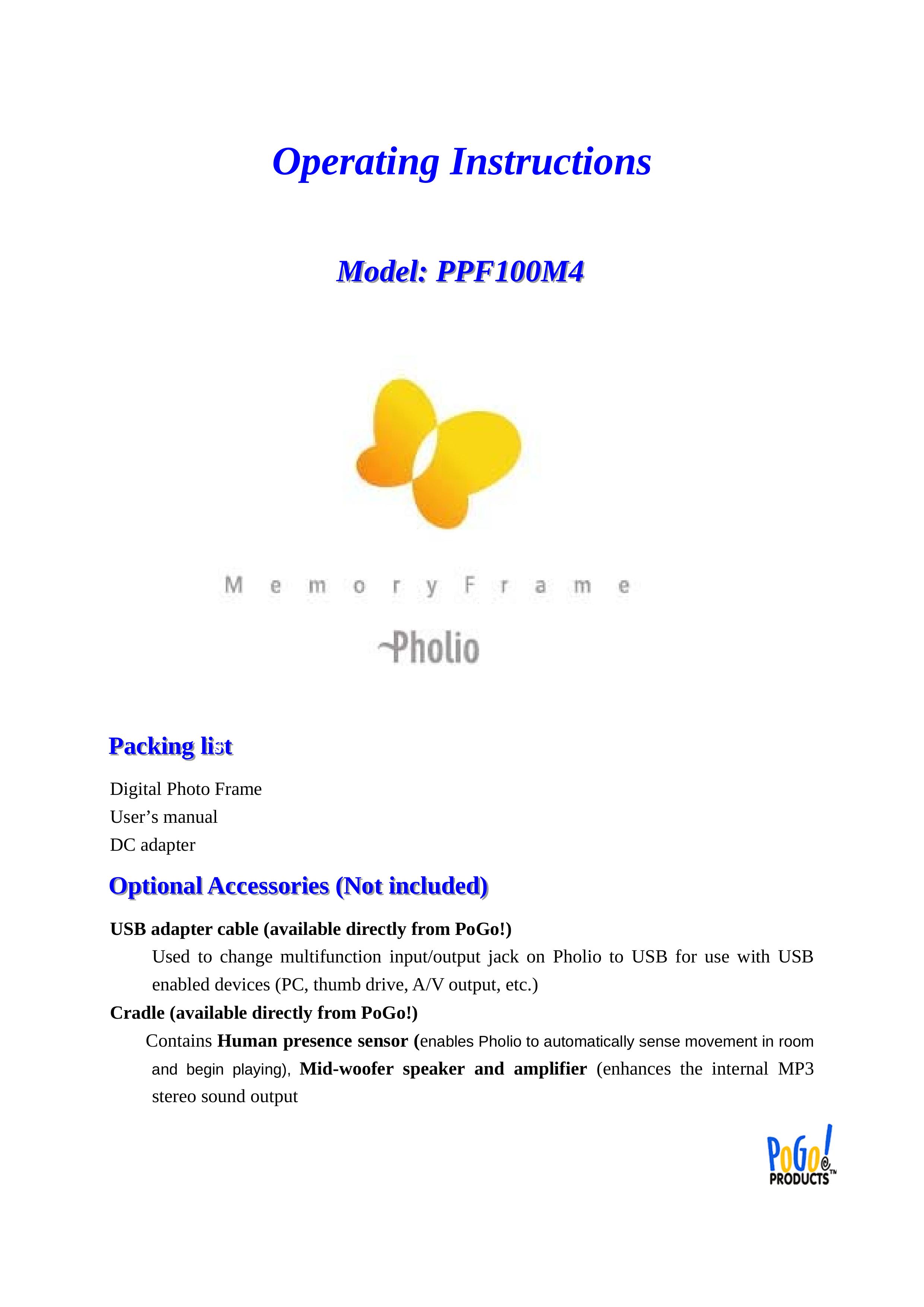 PoGo Products PPF100M4 Digital Photo Frame User Manual