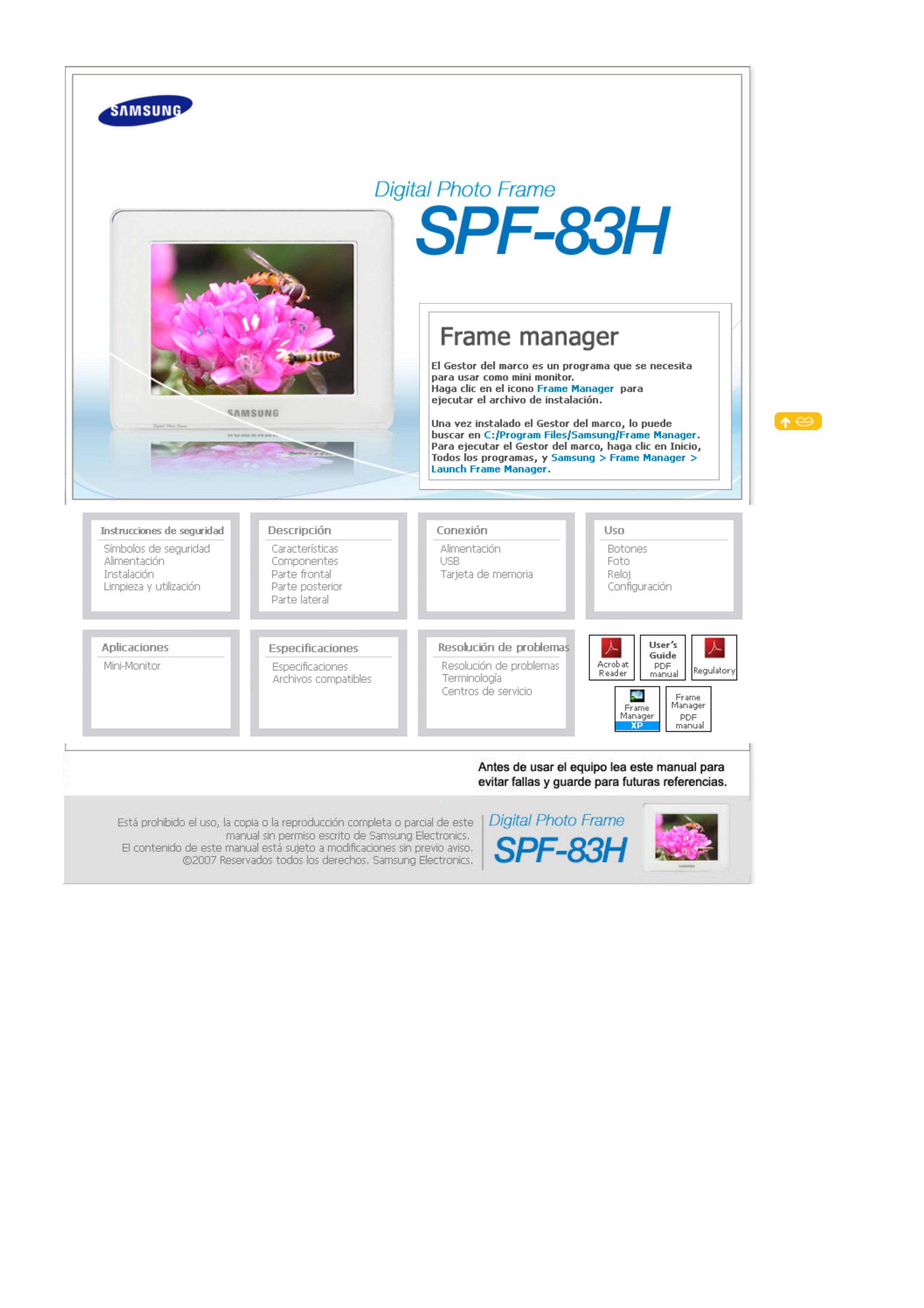 Samsung Model SPF-83H Digital Photo Frame User Manual