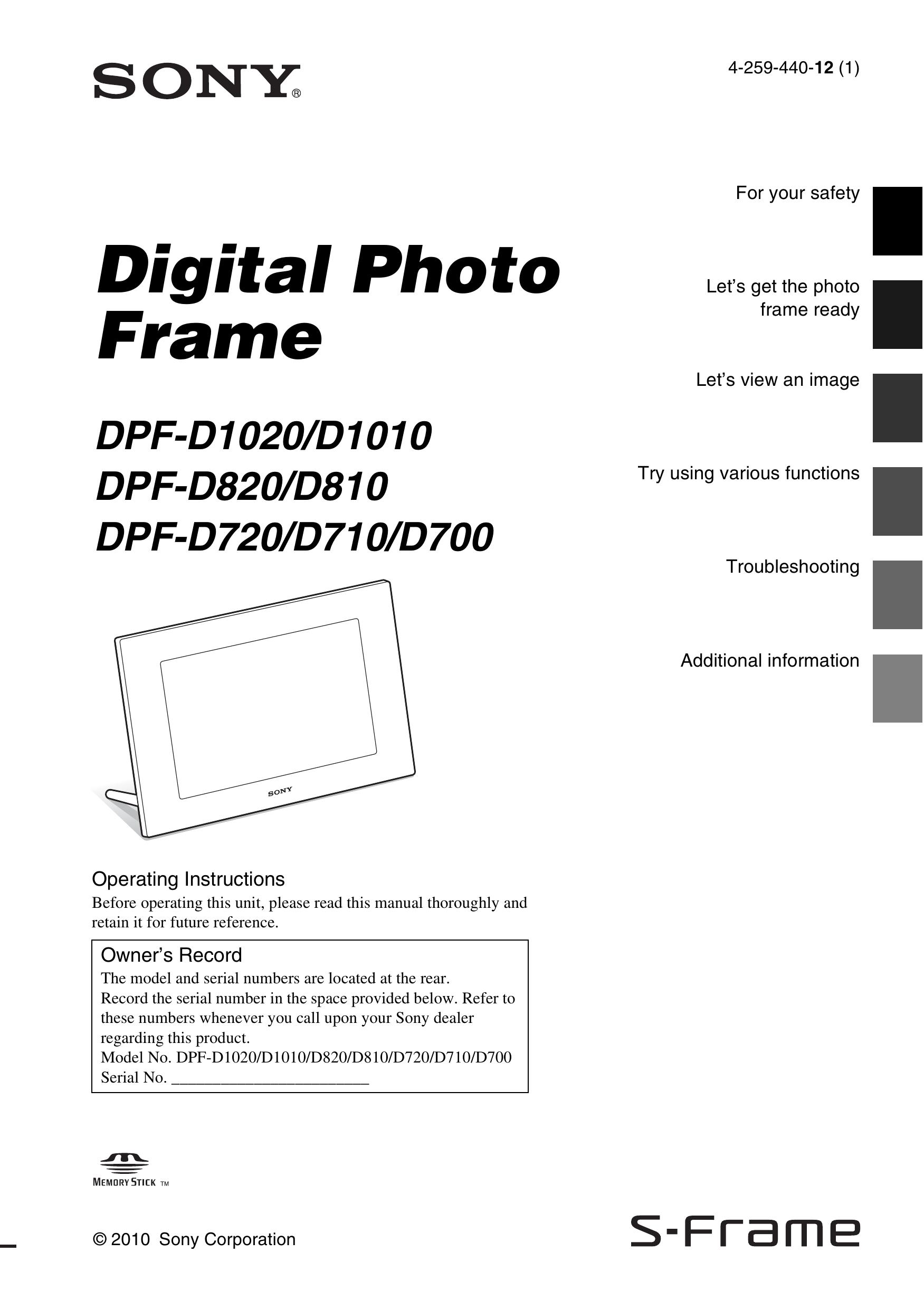 Sony D1010 Digital Photo Frame User Manual