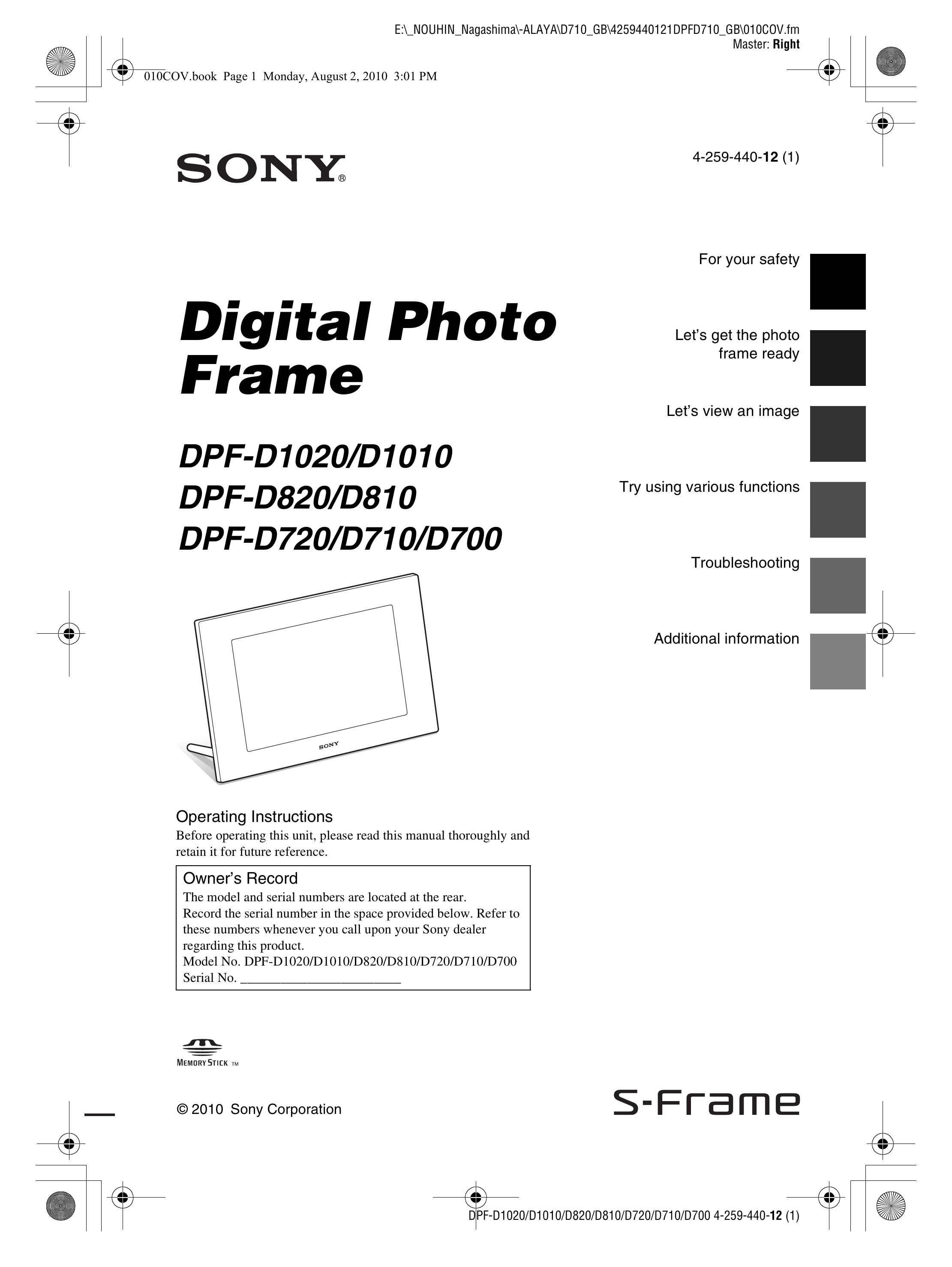 Sony D810 DPF-D720 Digital Photo Frame User Manual