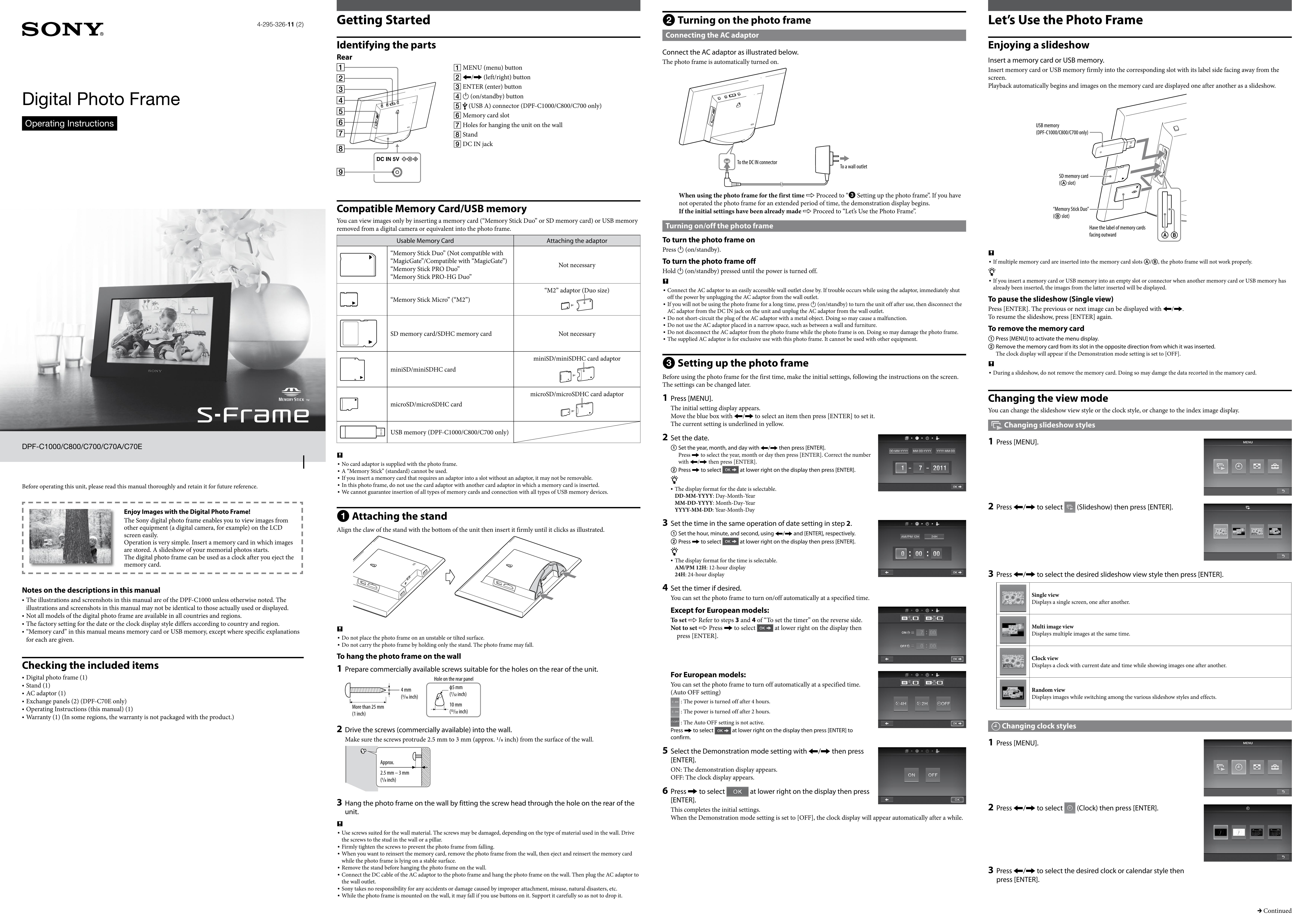 Sony DPF-C1000 Digital Photo Frame User Manual