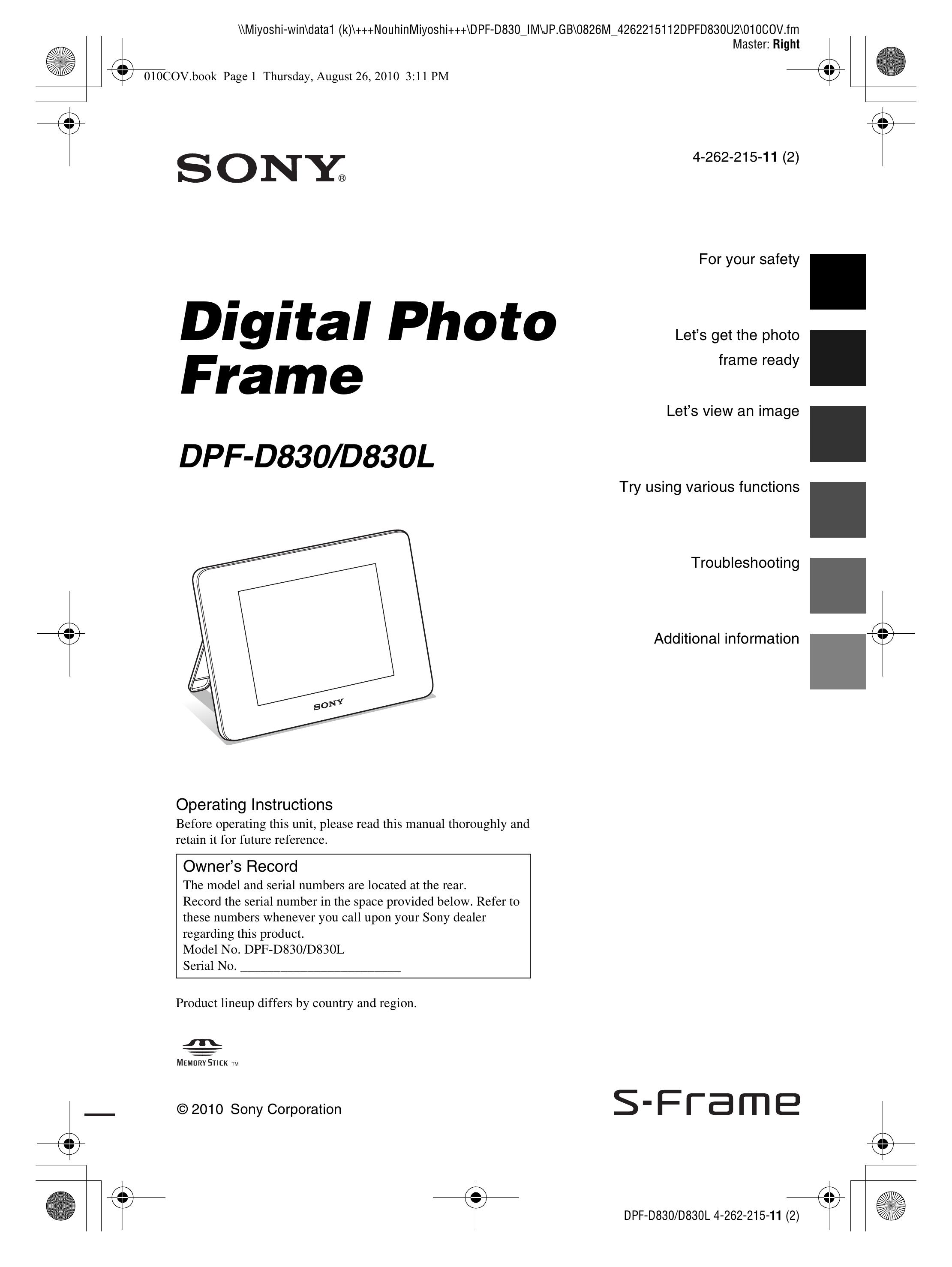 Sony DPF-D830 Digital Photo Frame User Manual