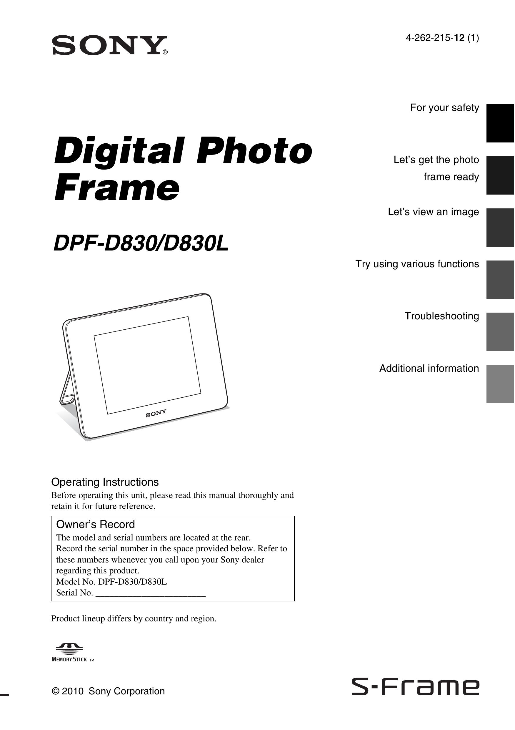 Sony DPF-D830L Digital Photo Frame User Manual