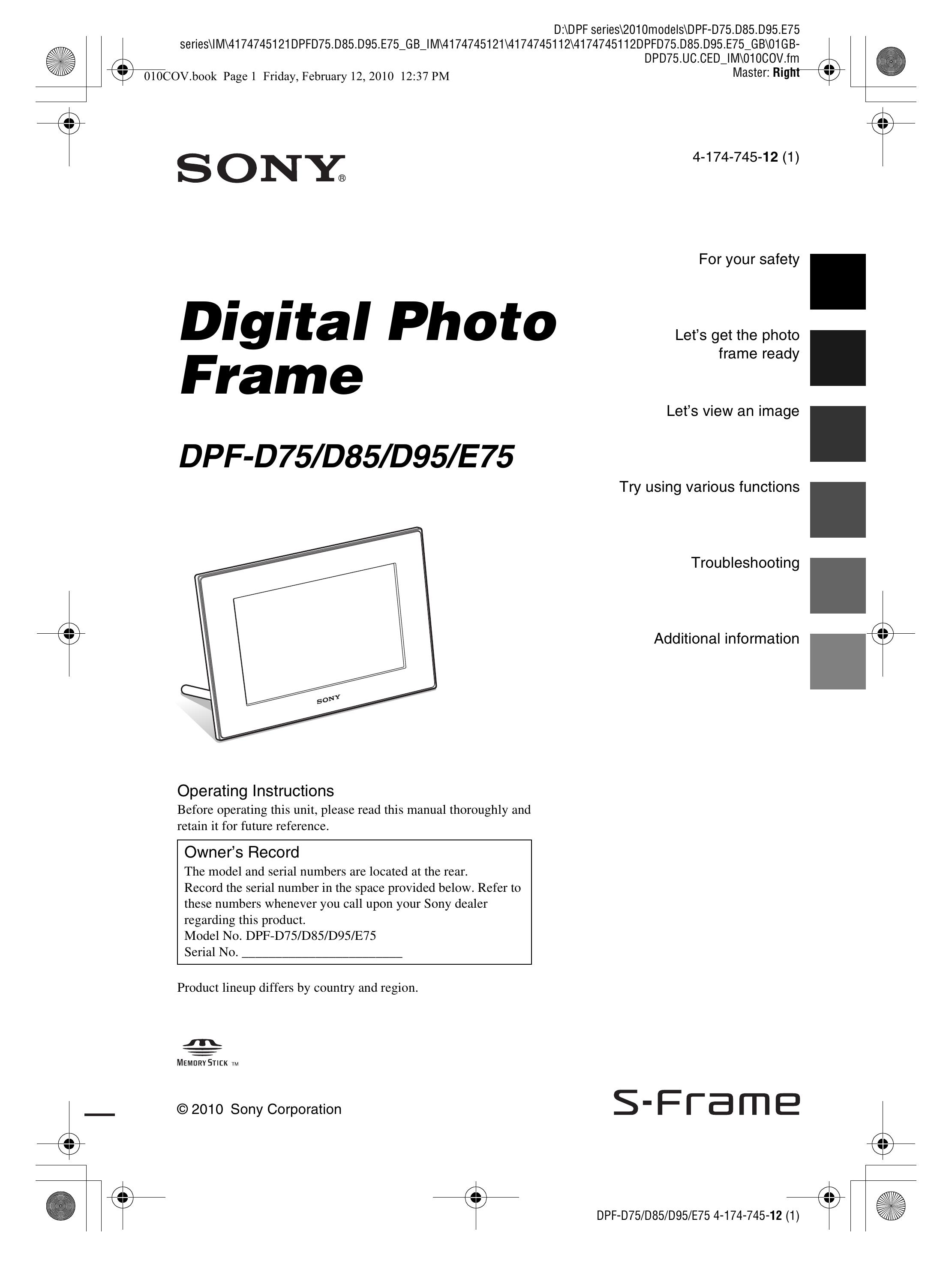 Sony DPF-D95 Digital Photo Frame User Manual