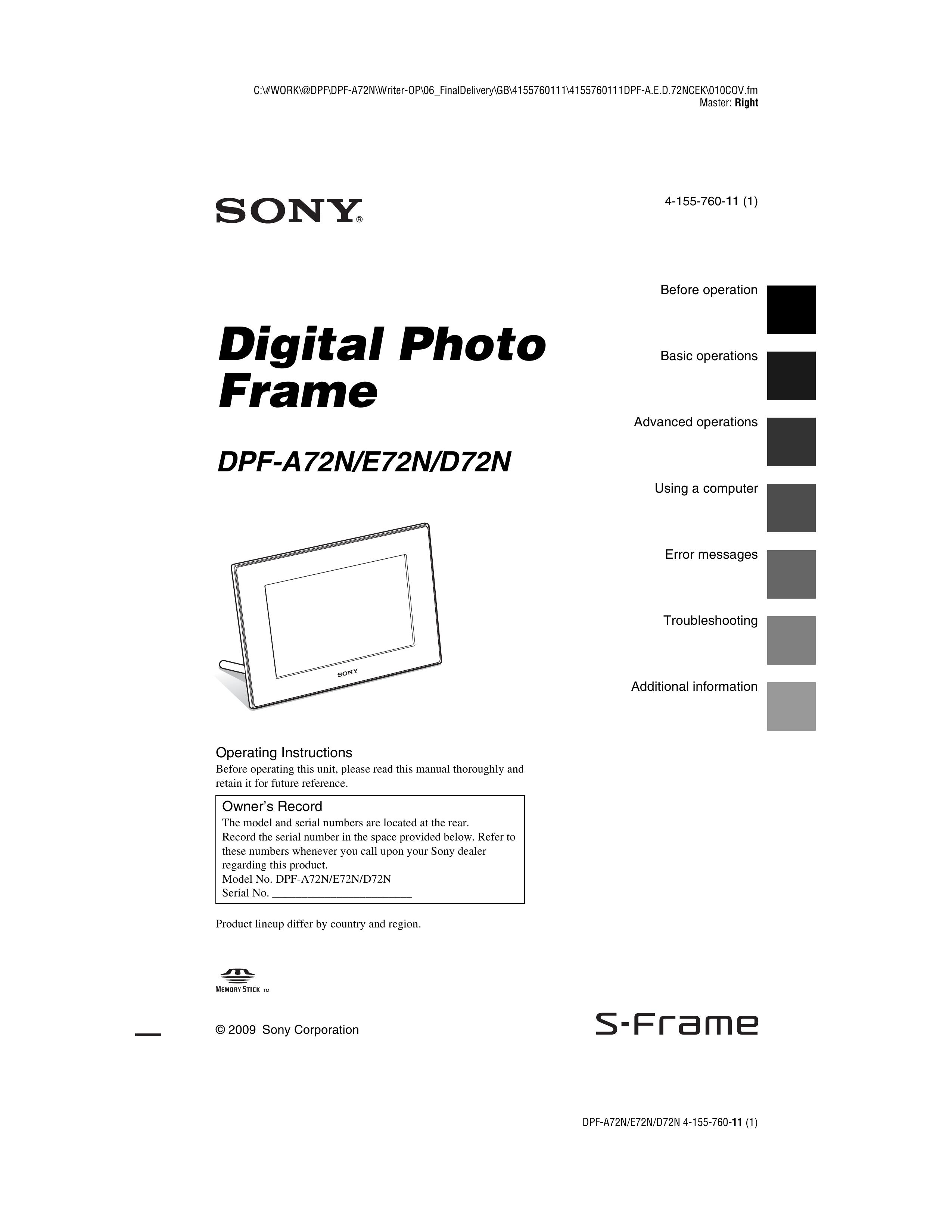Sony DPF-E72N Digital Photo Frame User Manual
