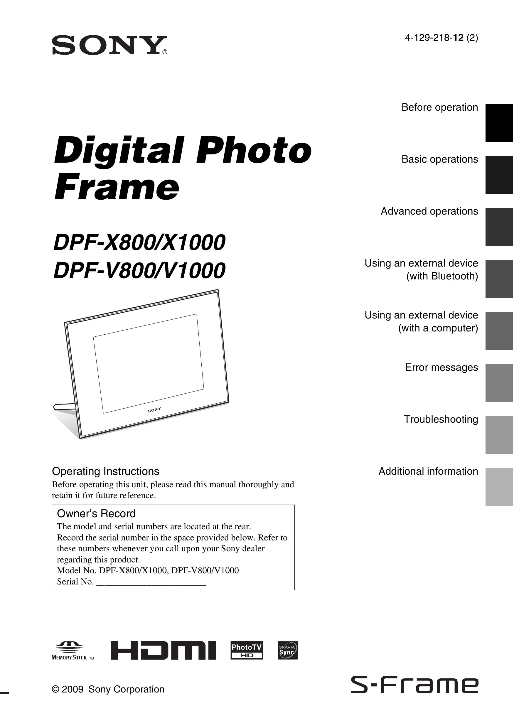 Sony DPF-V800 Digital Photo Frame User Manual