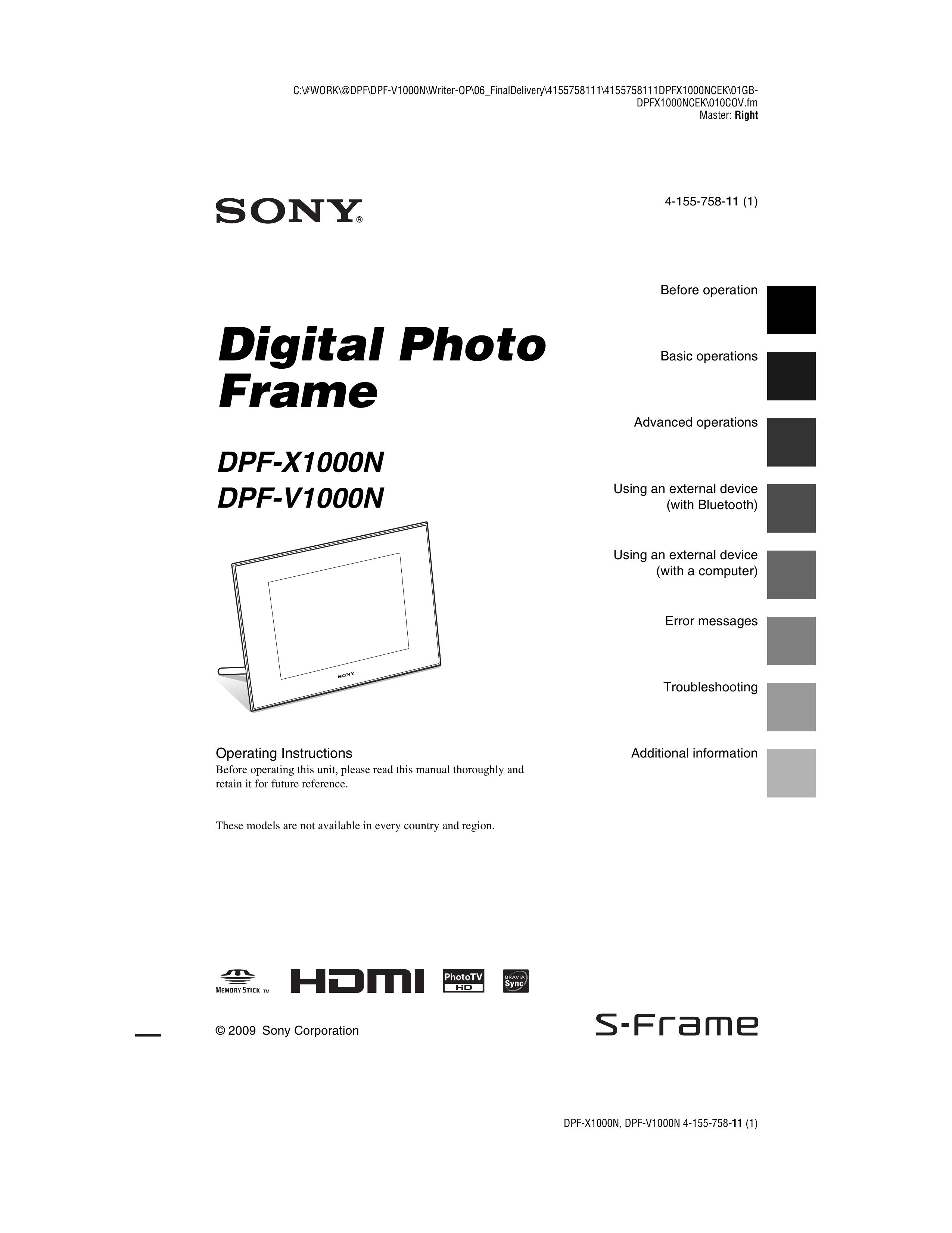 Sony DPF-X1000N Digital Photo Frame User Manual