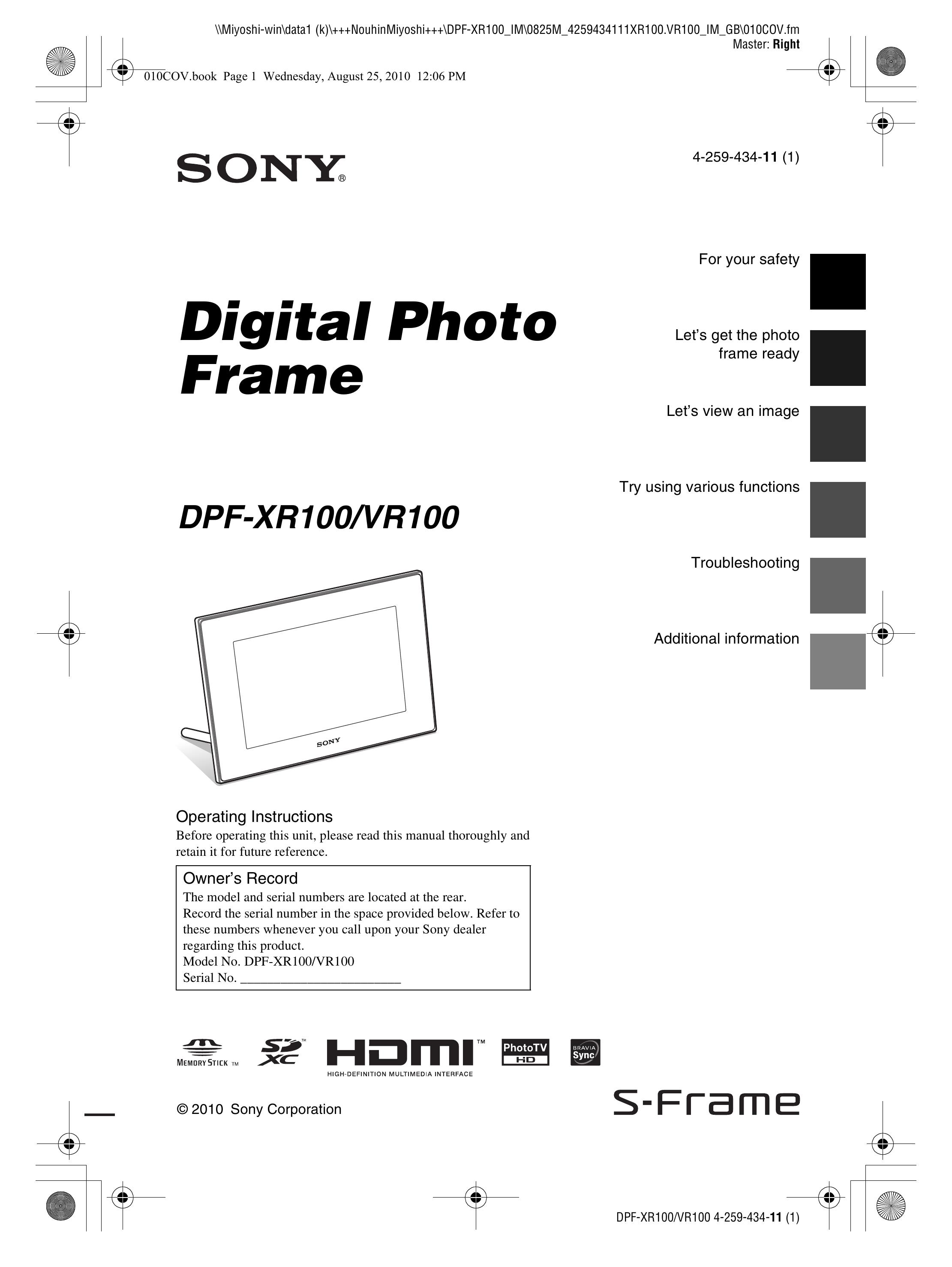 Sony DPF-XR100 Digital Photo Frame User Manual