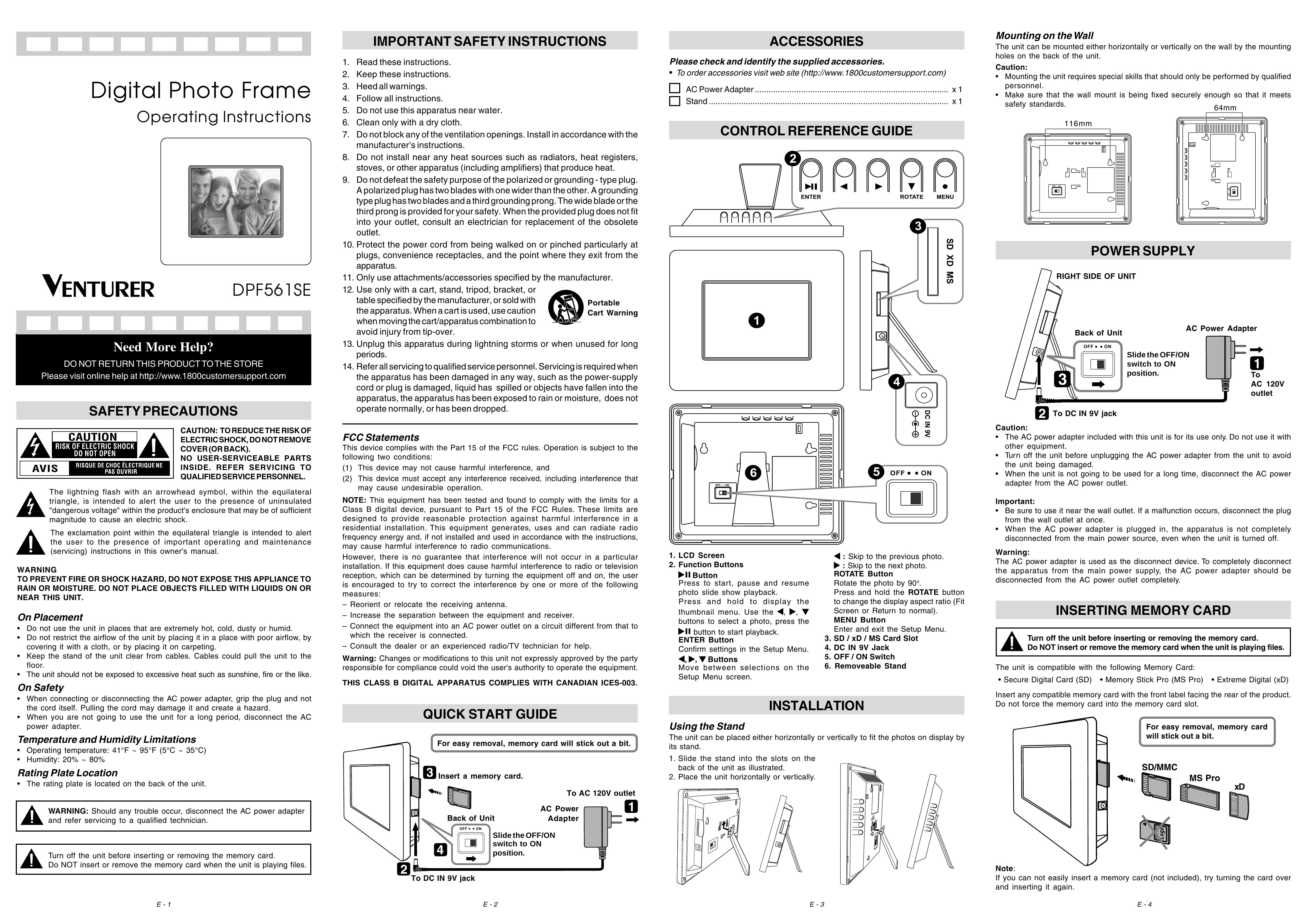 Venturer DPF561SE Digital Photo Frame User Manual