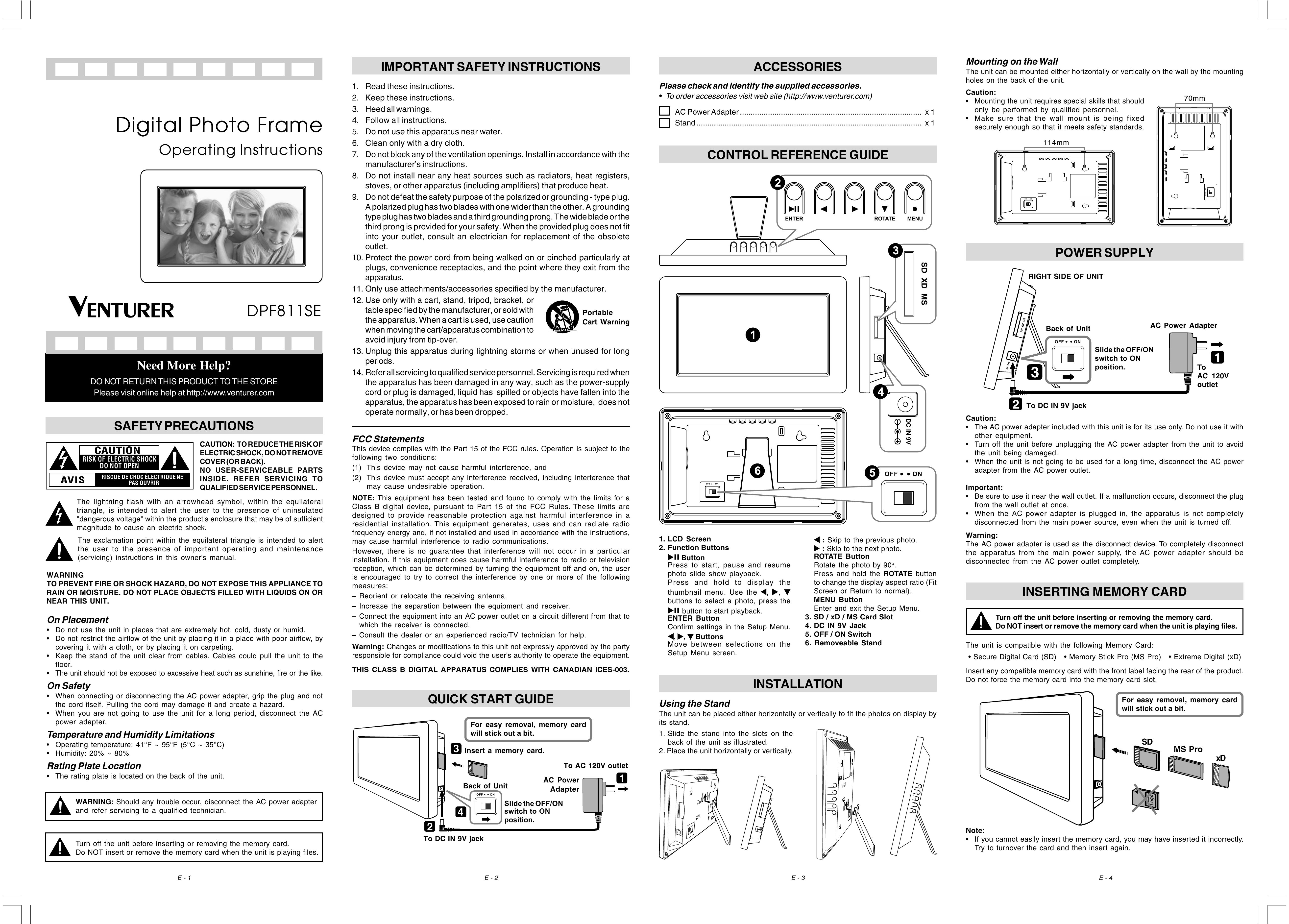 Venturer DPF811SE Digital Photo Frame User Manual