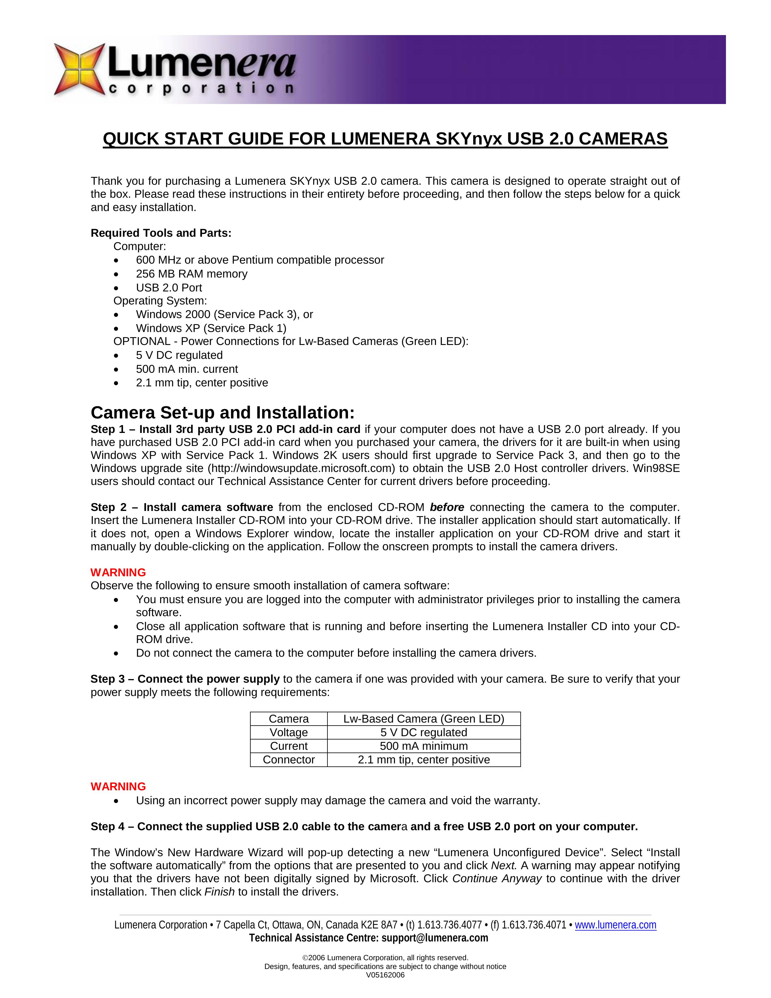 Lumenera UBS 2.0 Film Camera User Manual