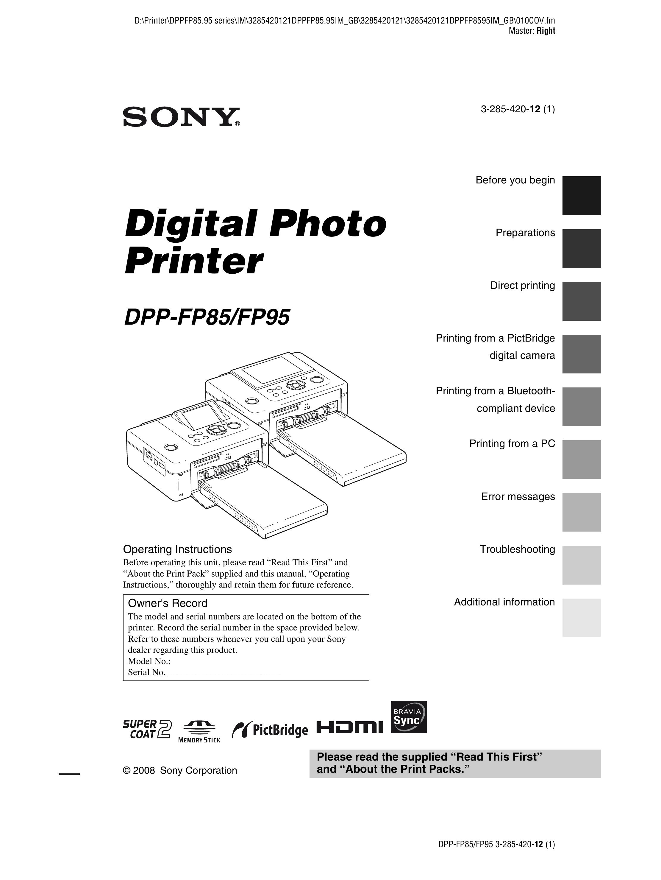 Sony DPP-FP85 Photo Printer User Manual