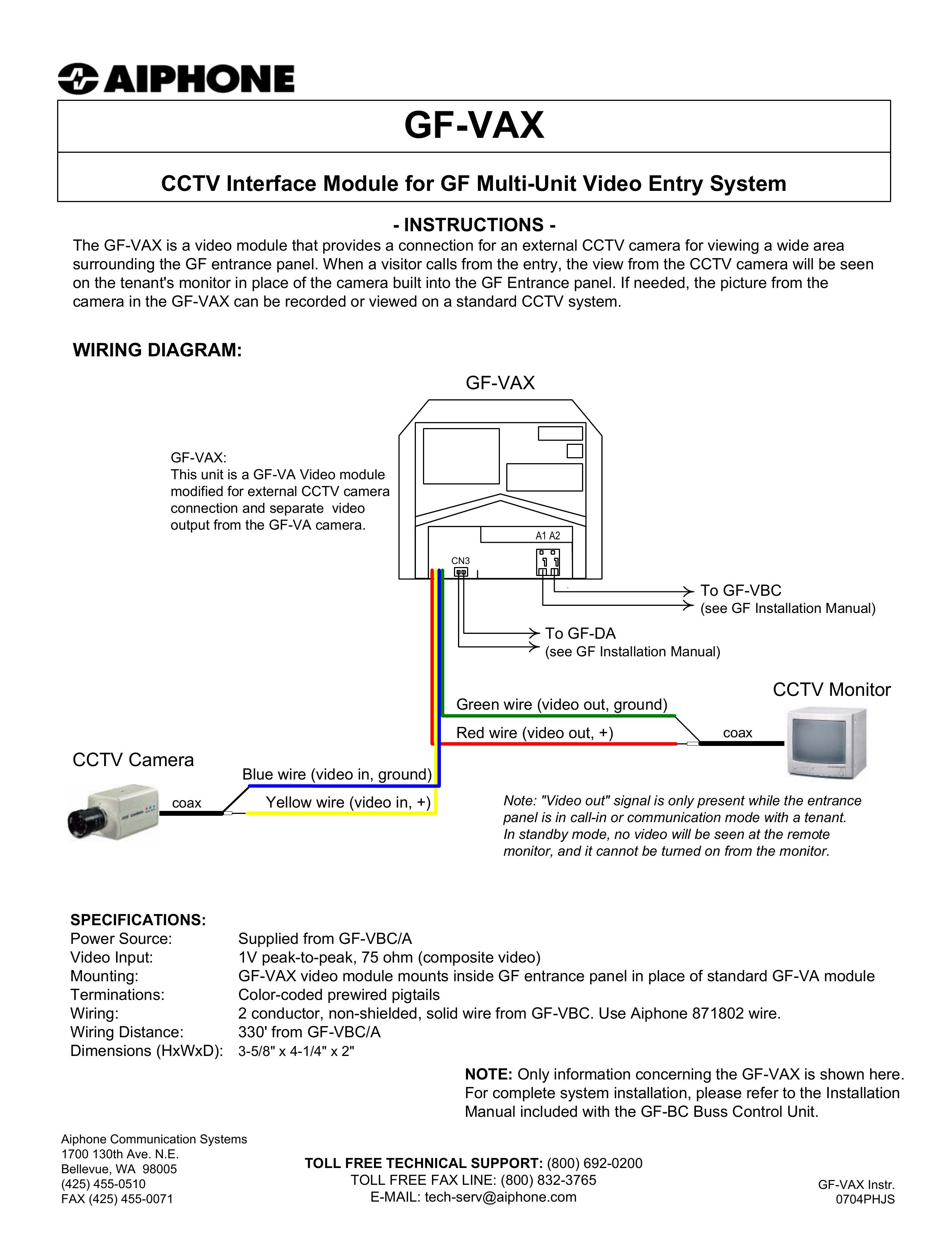 Aiphone GF-VAX Security Camera User Manual