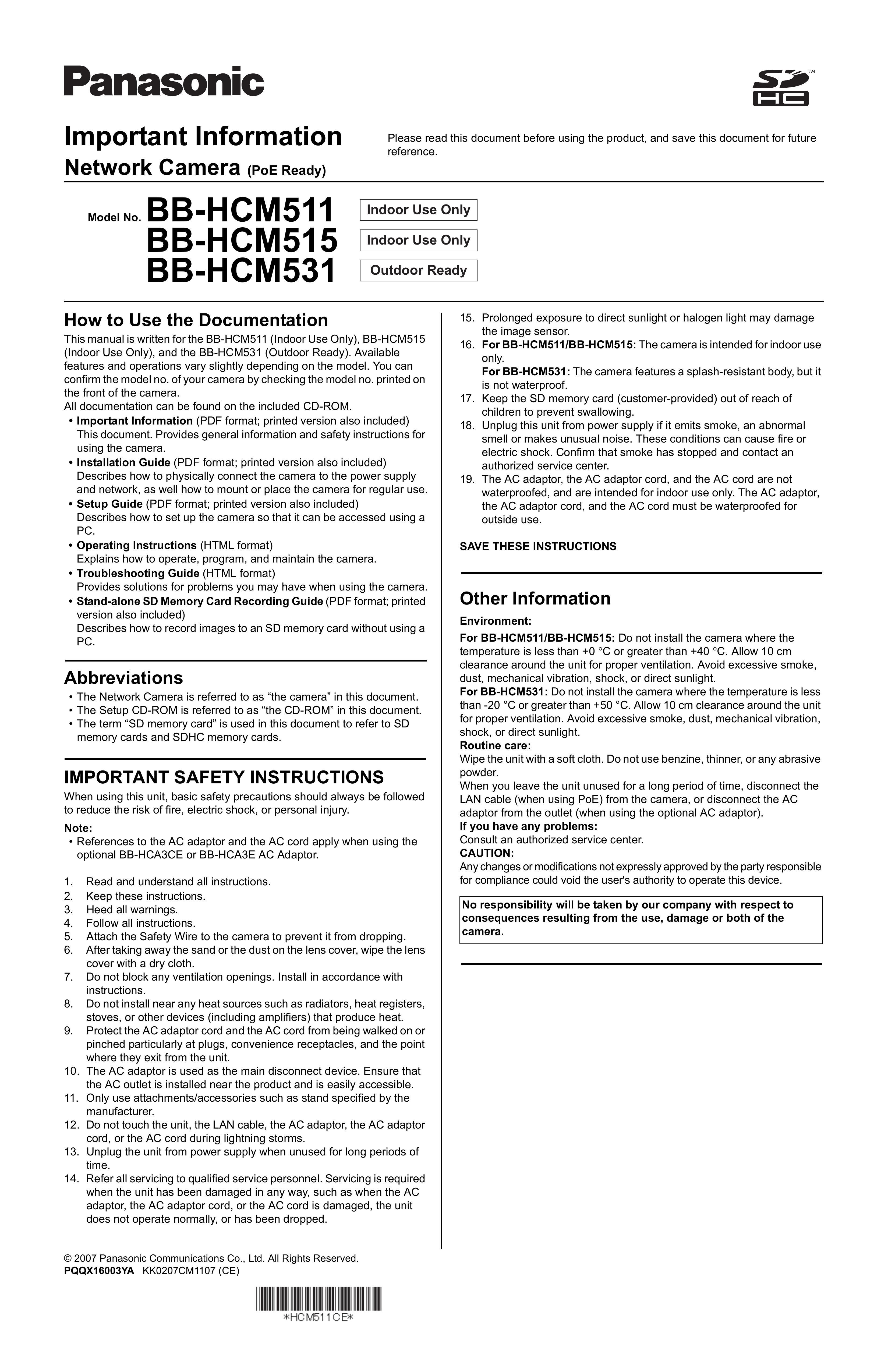 Panasonic BB-HCM511 Security Camera User Manual