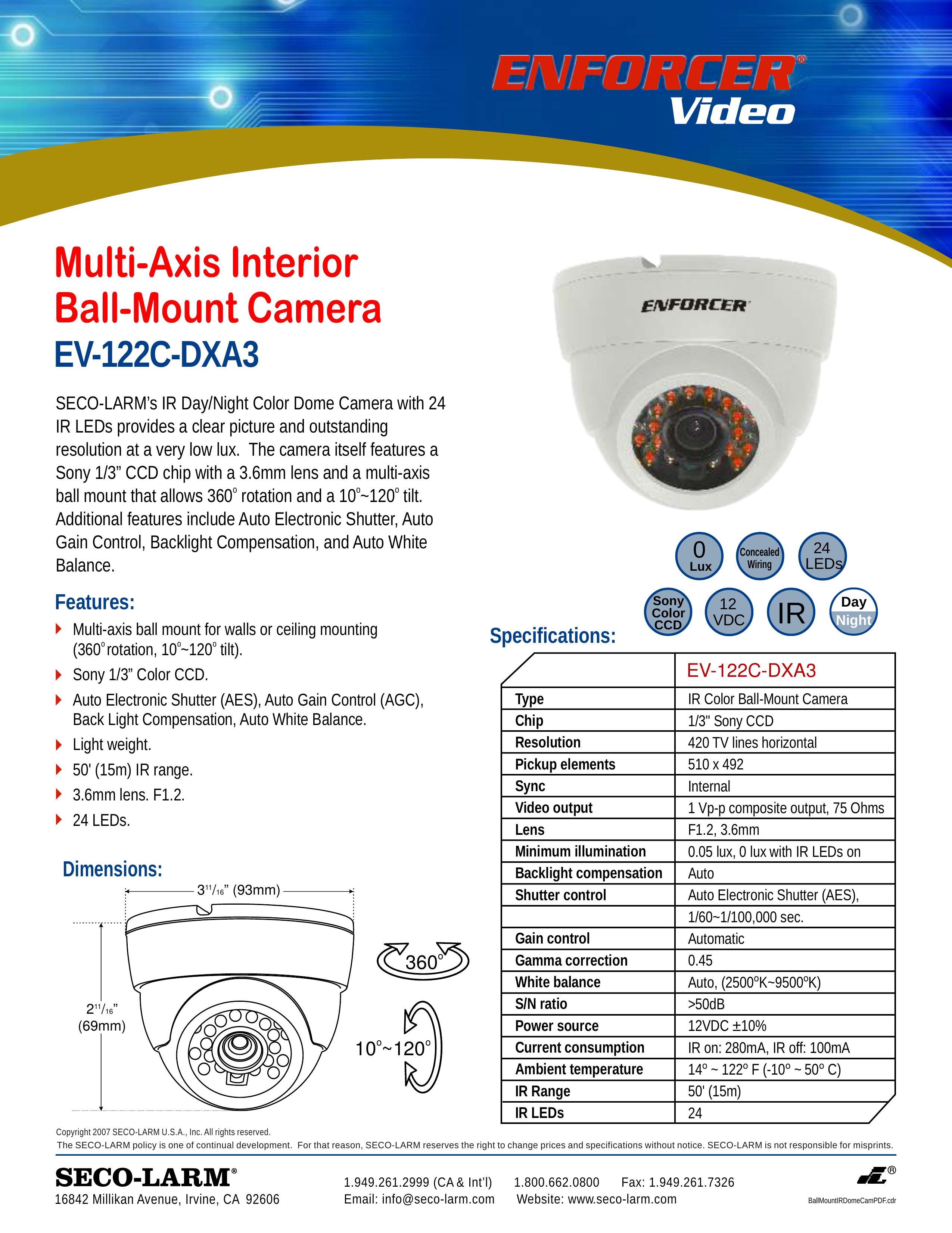 SECO-LARM USA EV-122C-DXA3 Security Camera User Manual