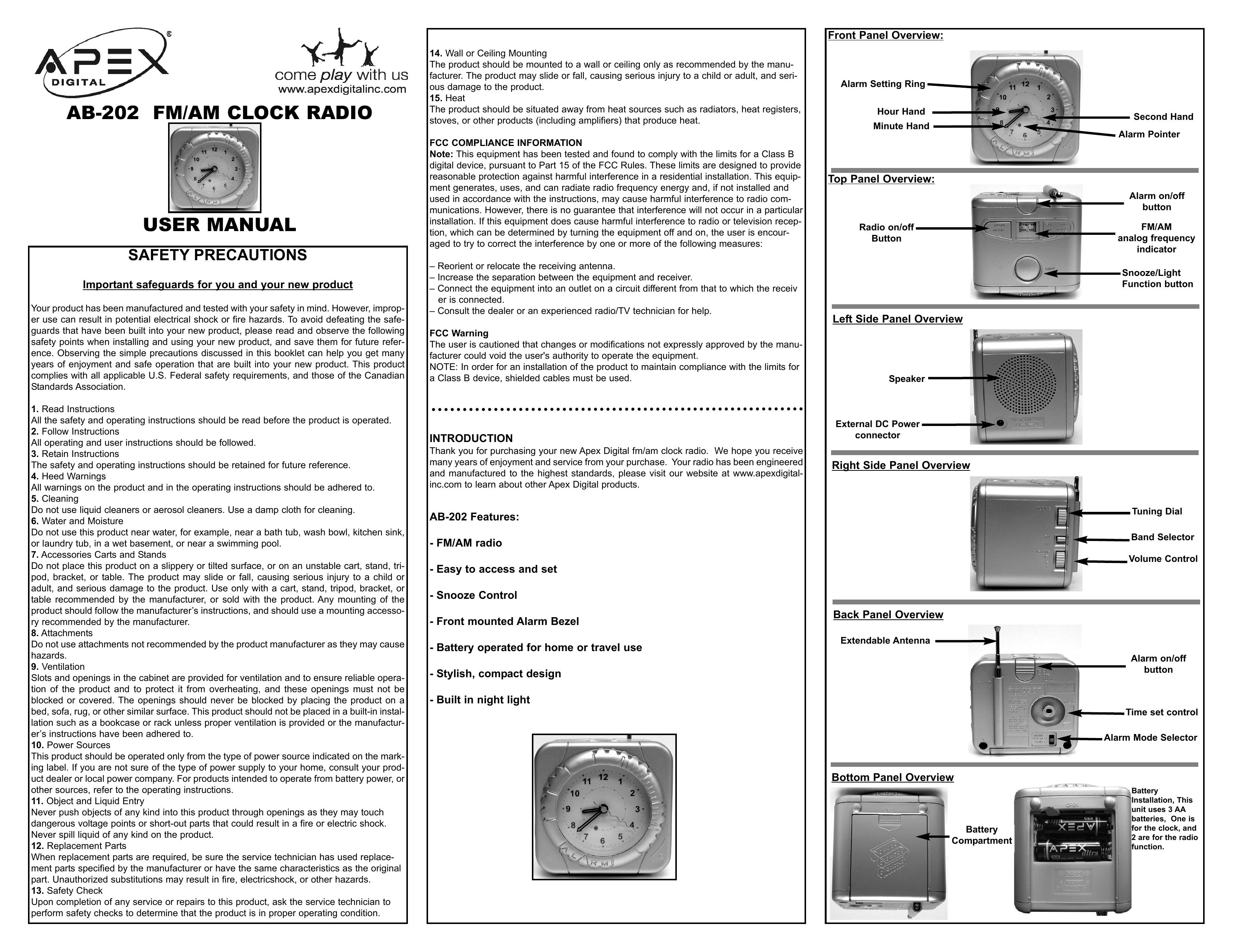 Apex Digital AB-202 Clock Radio User Manual