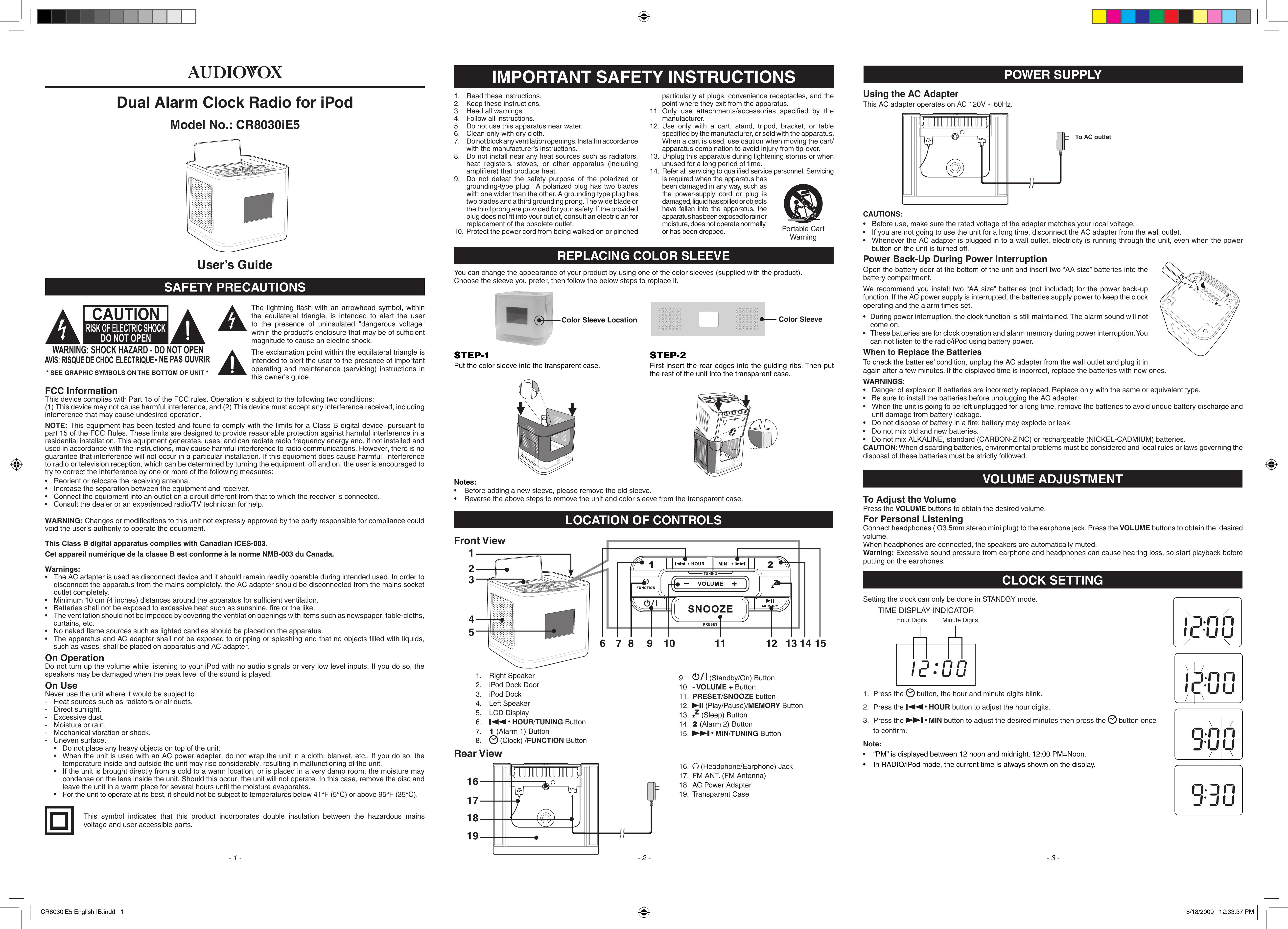 Audiovox CR8030IE5 Clock Radio User Manual