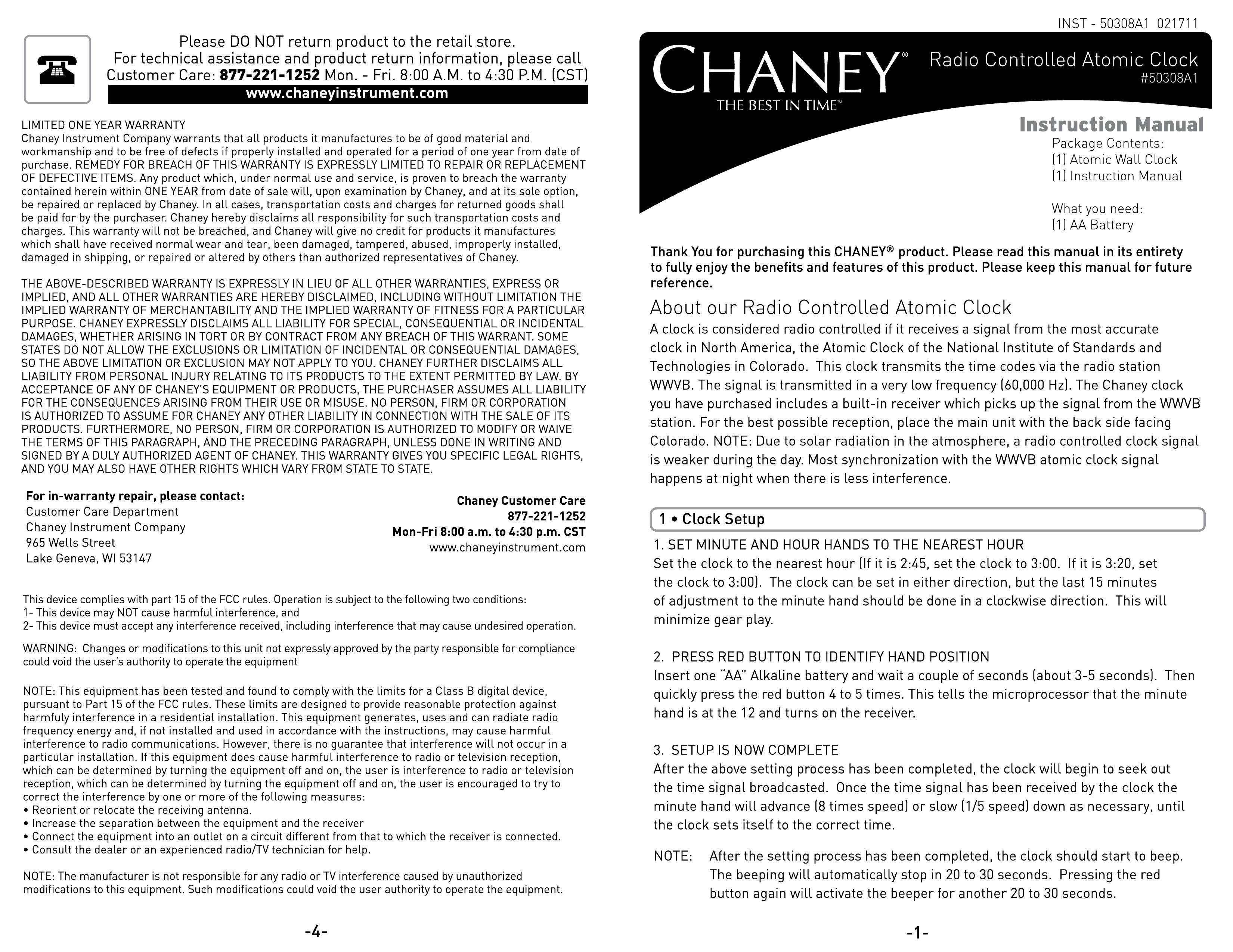 Chaney Instrument #50308A1 Clock Radio User Manual