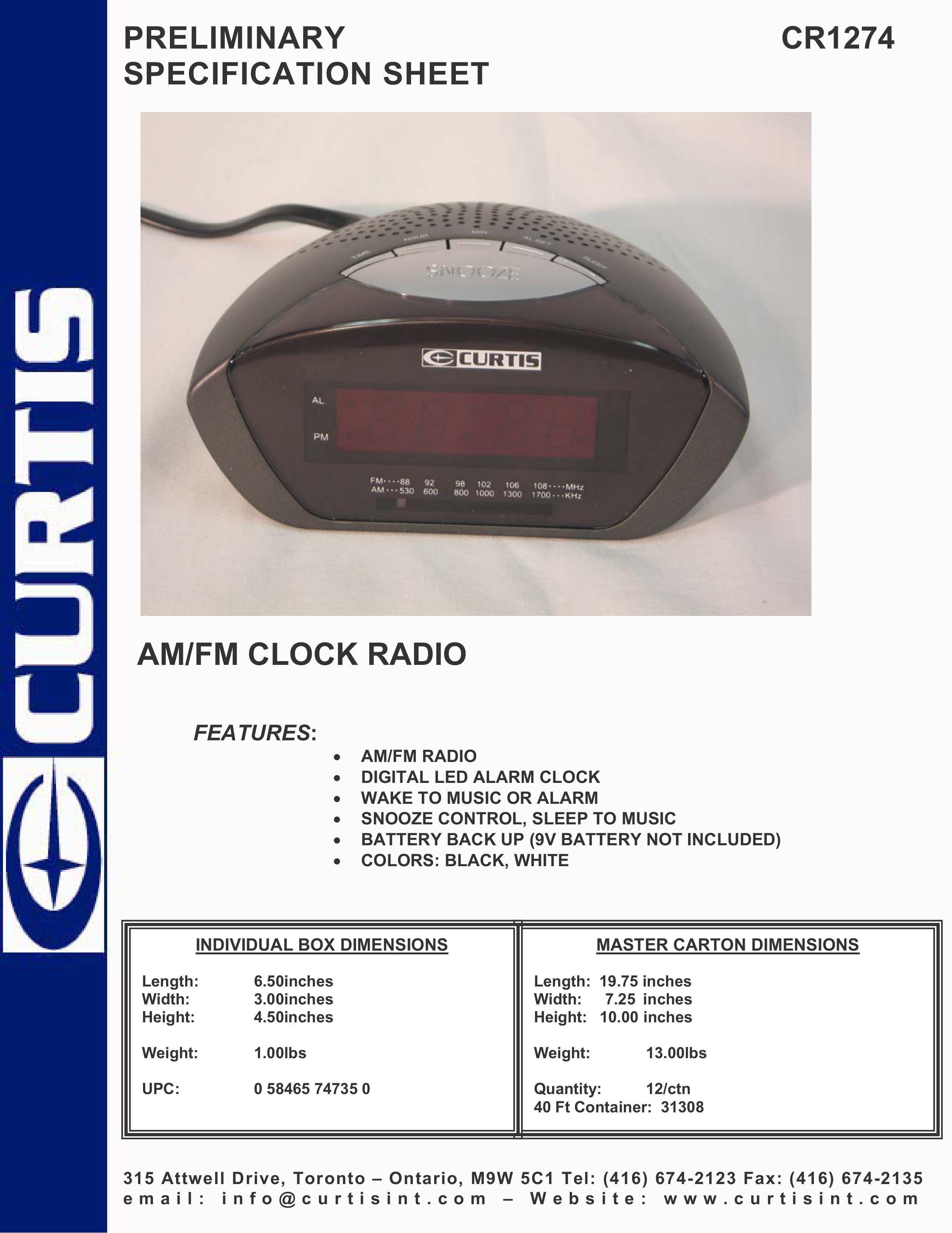Curtis cr1274 Clock Radio User Manual