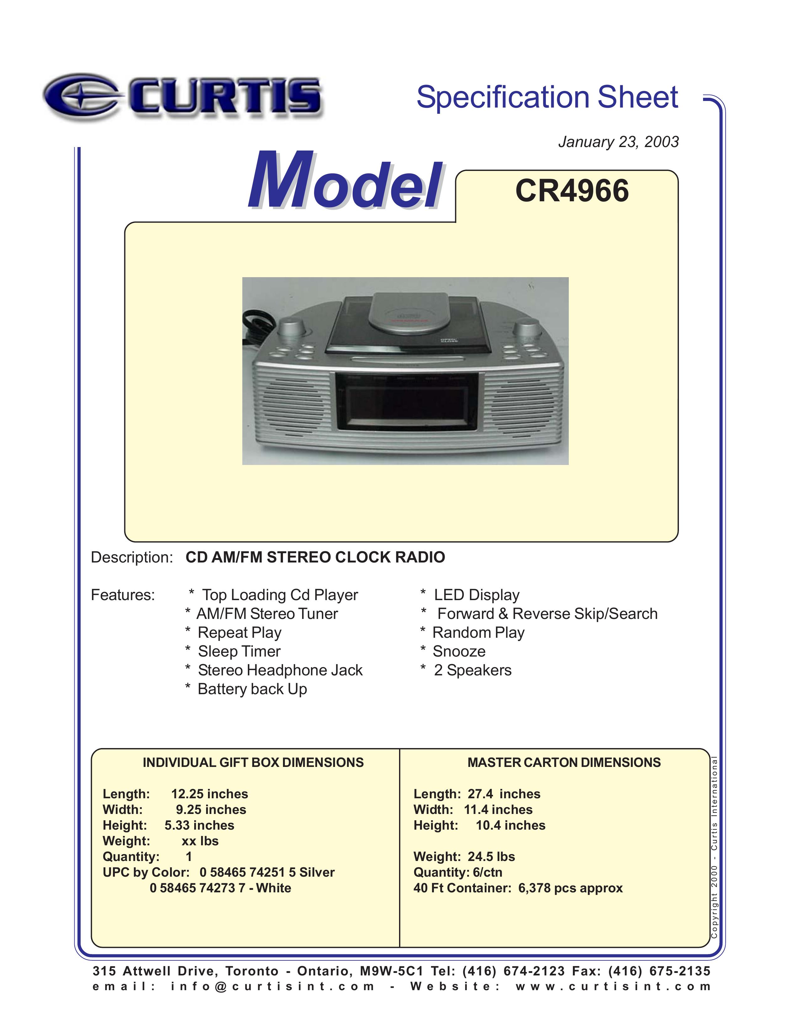 Curtis CR4966 Clock Radio User Manual