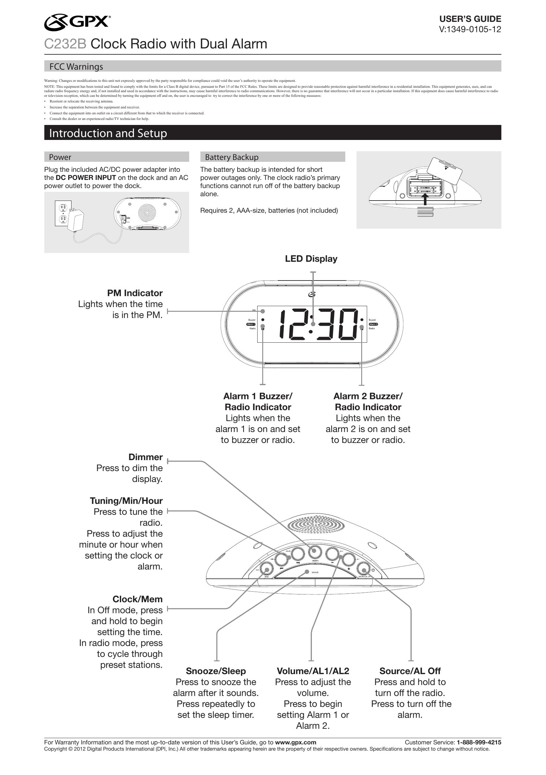 GPX C232B Clock Radio User Manual