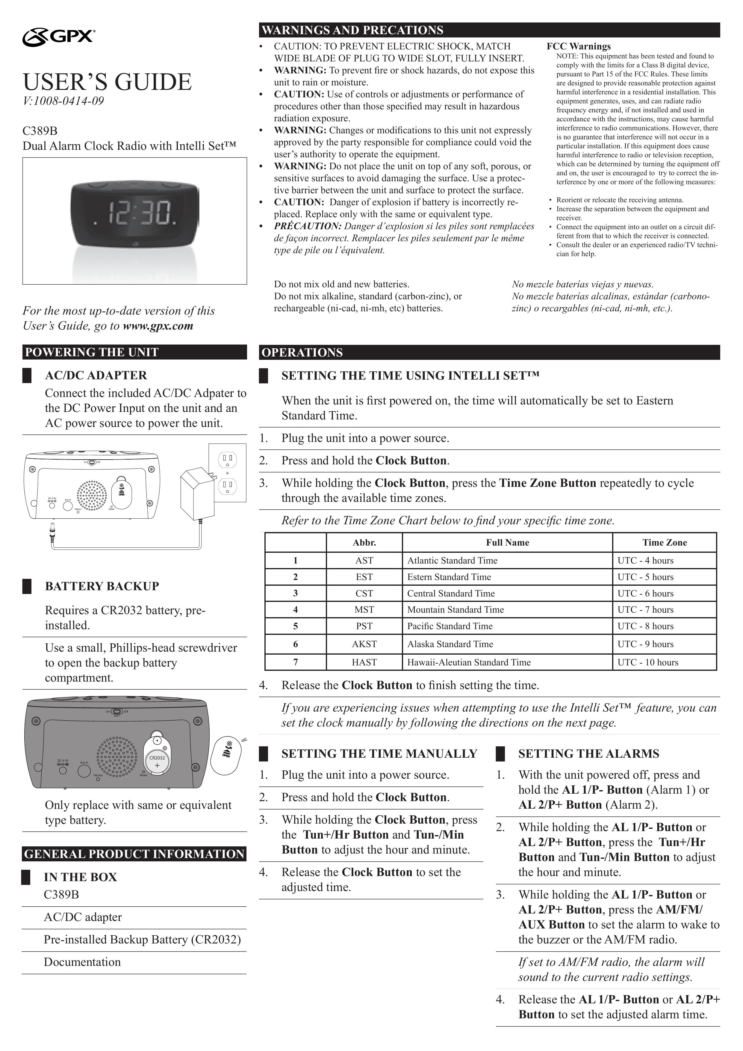 GPX C389B Clock Radio User Manual