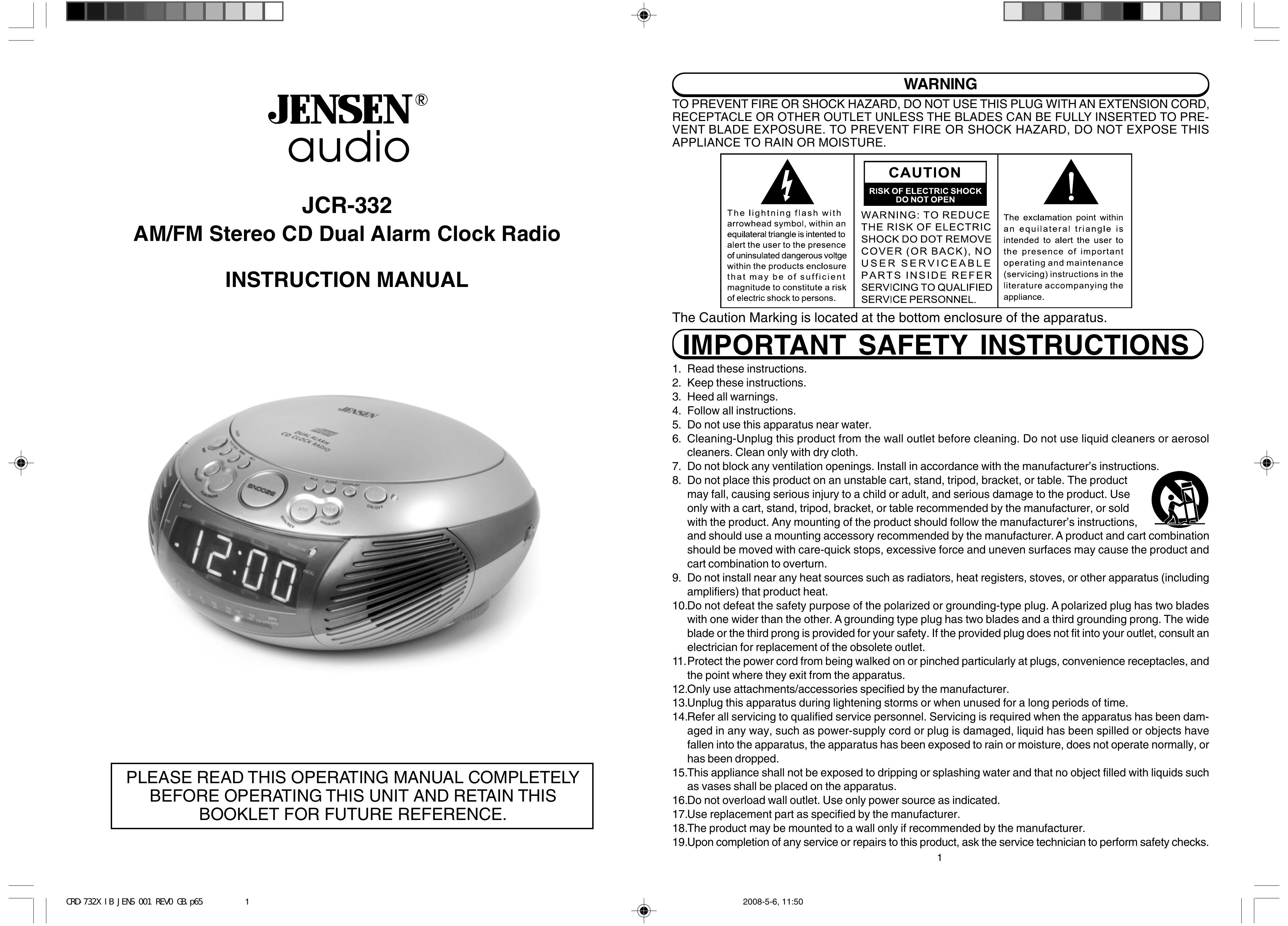 Jensen JCR-332 Clock Radio User Manual
