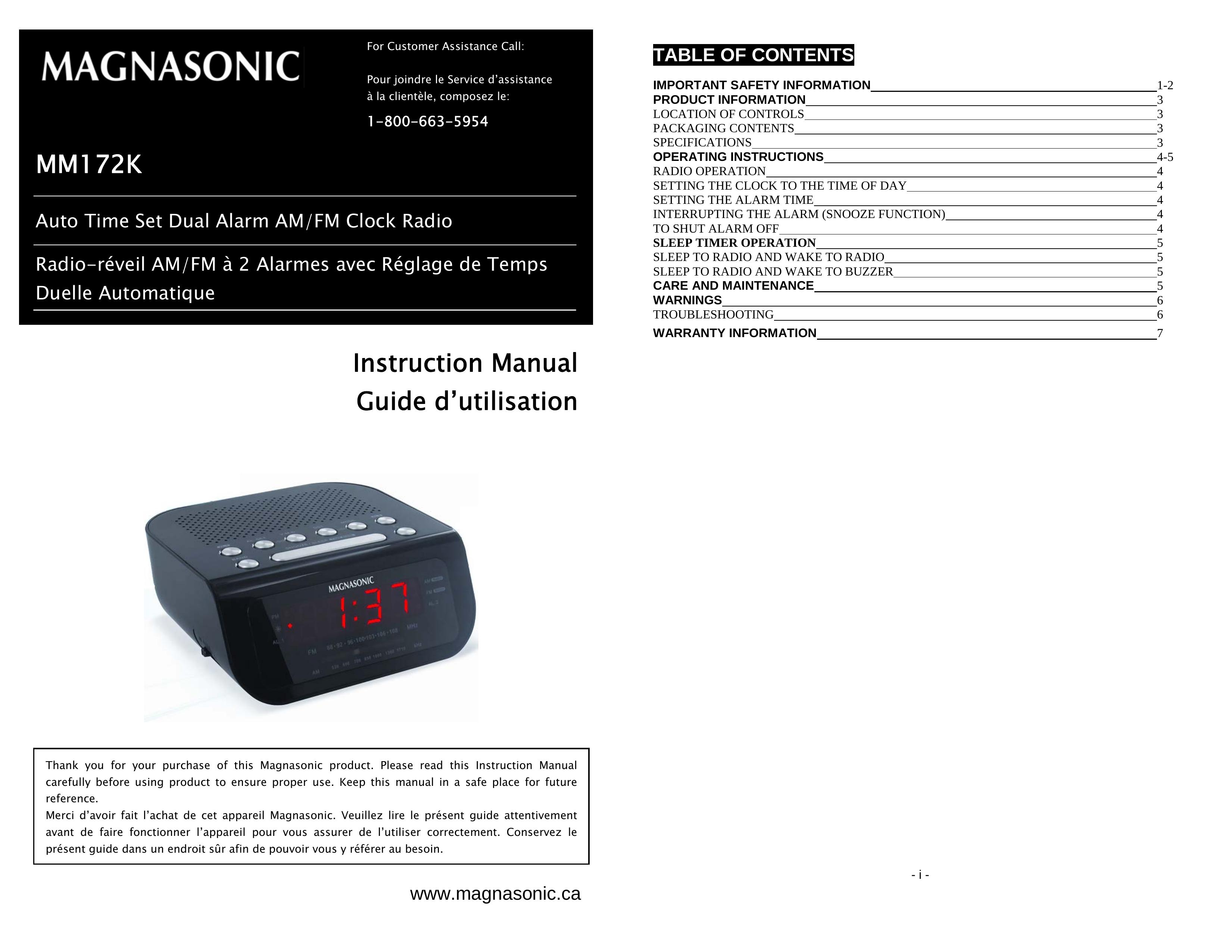 Magnasonic MM172K Clock Radio User Manual